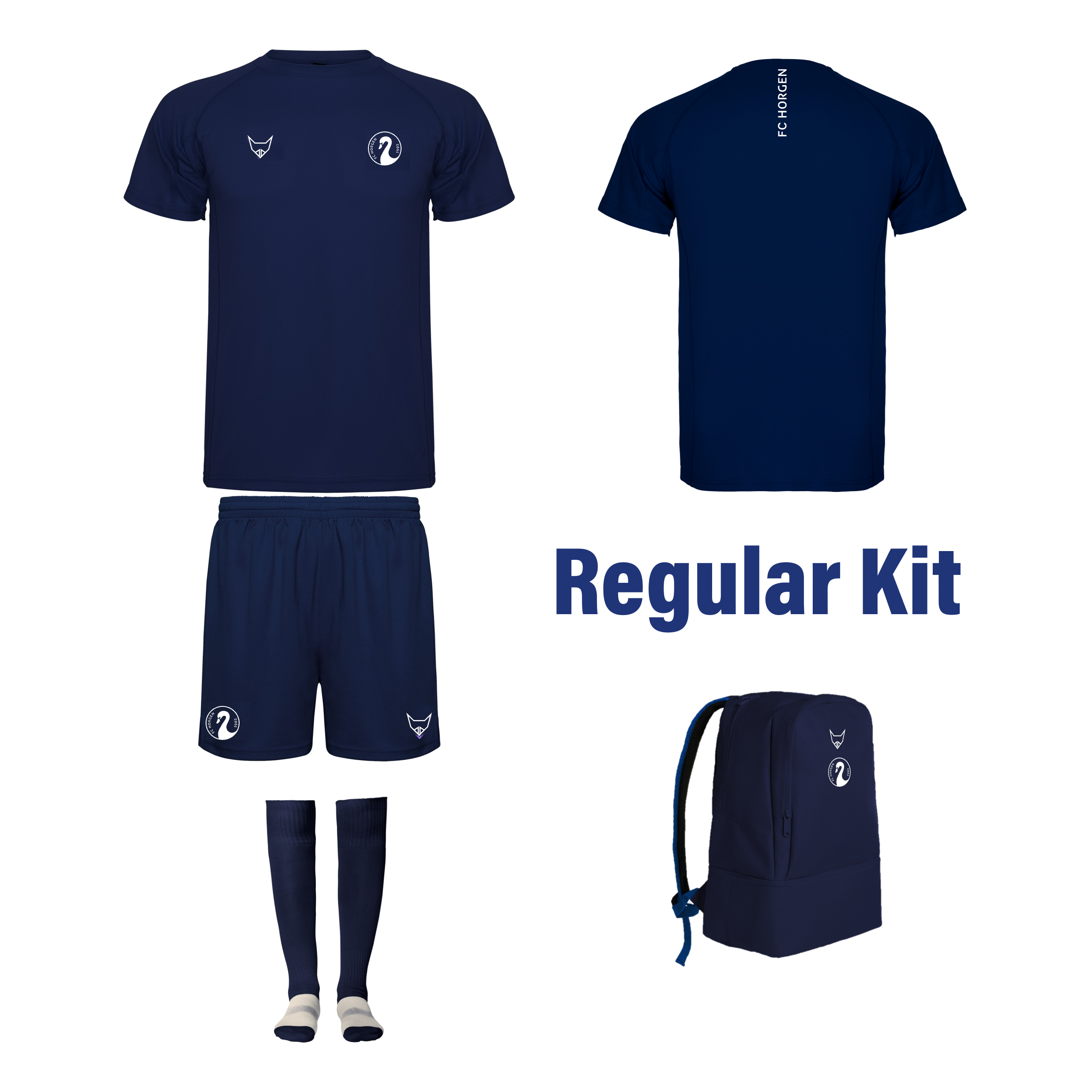 Vorder- und Rückansicht eines dunkelblauen Fußballtrikot-Sets mit Shorts, Socken und passendem Rucksack, beschriftet mit 'Regular Kit'.