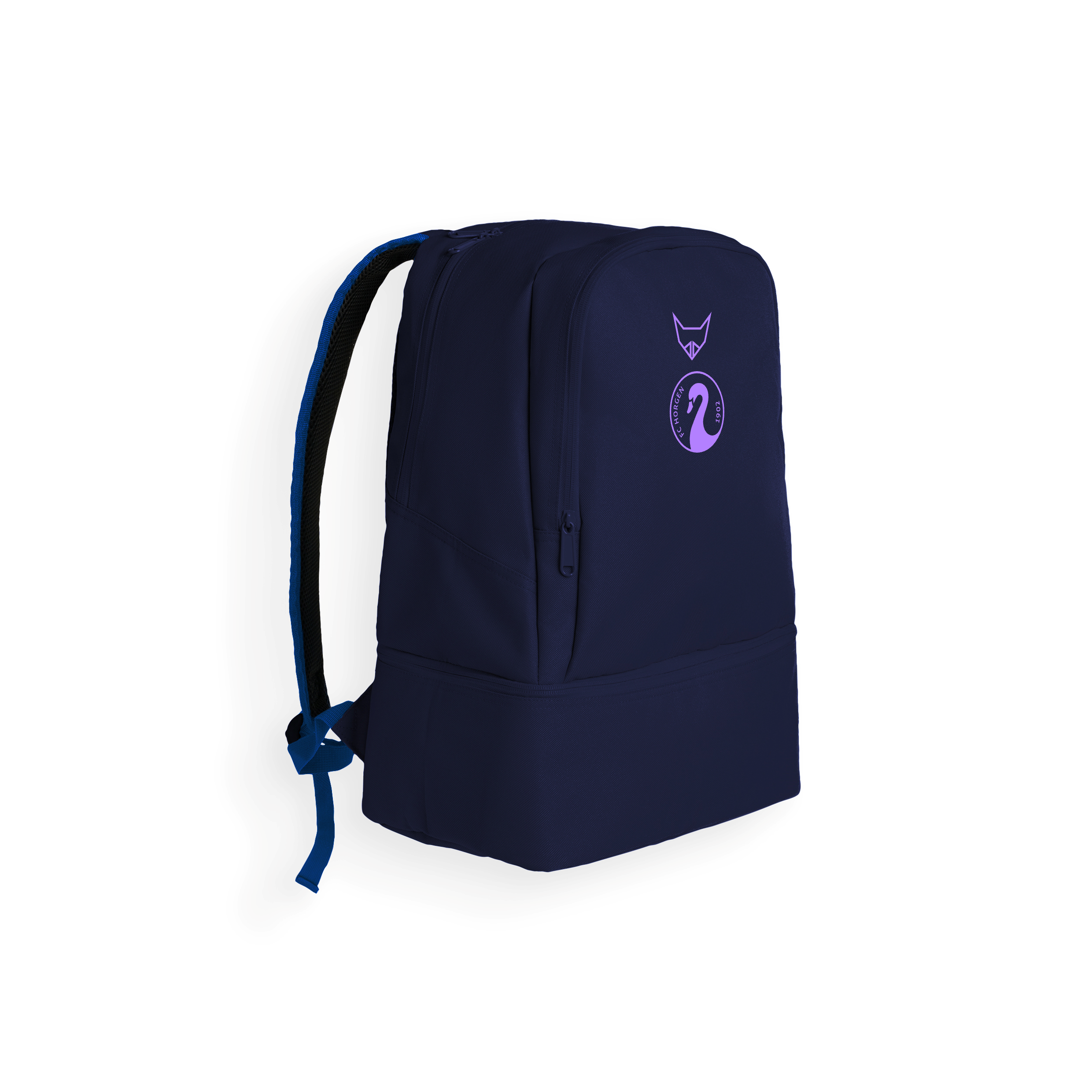 Navyblauer Rucksack mit lila Logo und Schriftzug, geeignet für Schule, Arbeit oder Freizeit.