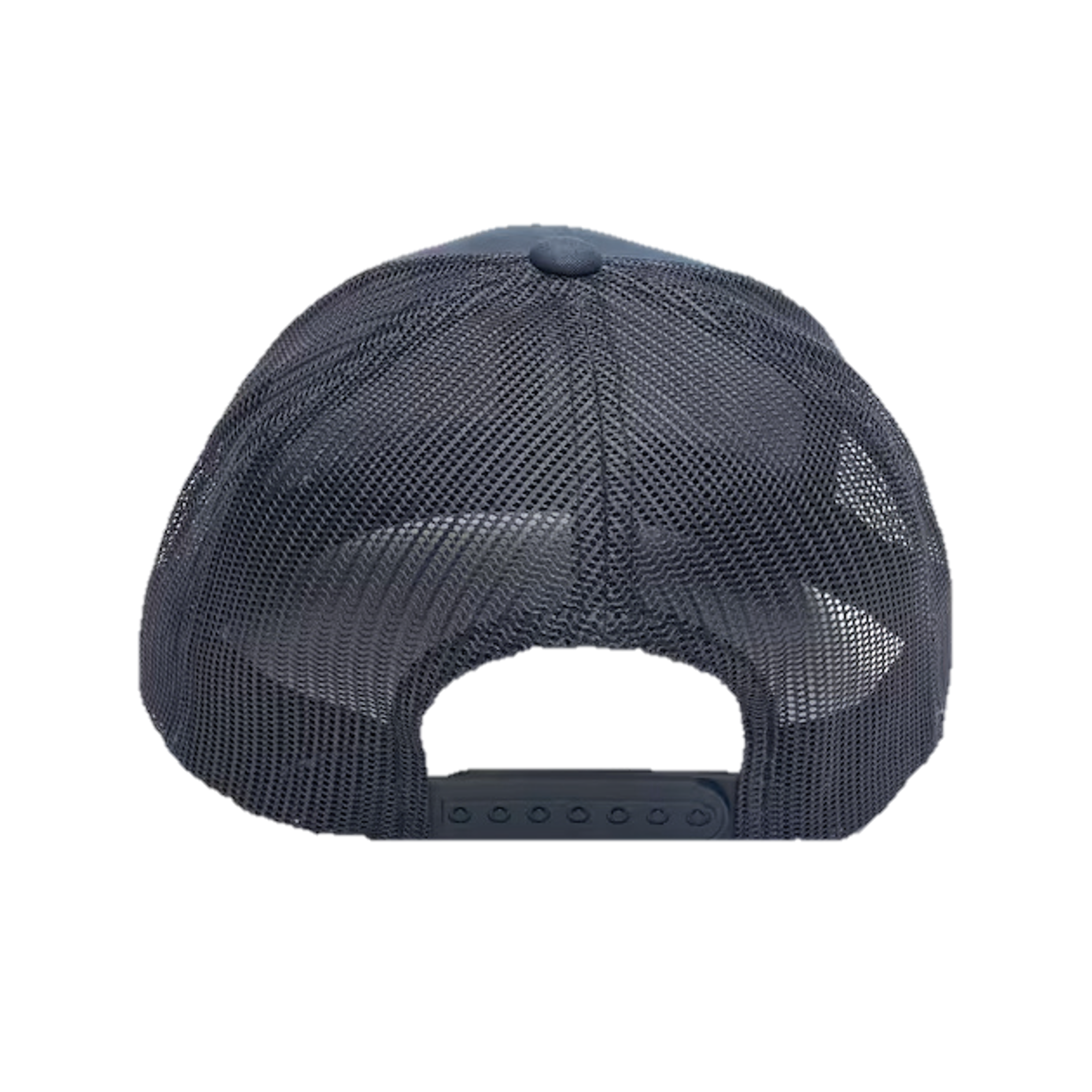 Rückansicht einer schwarzen Mesh-Trucker-Cap mit verstellbarem Verschluss