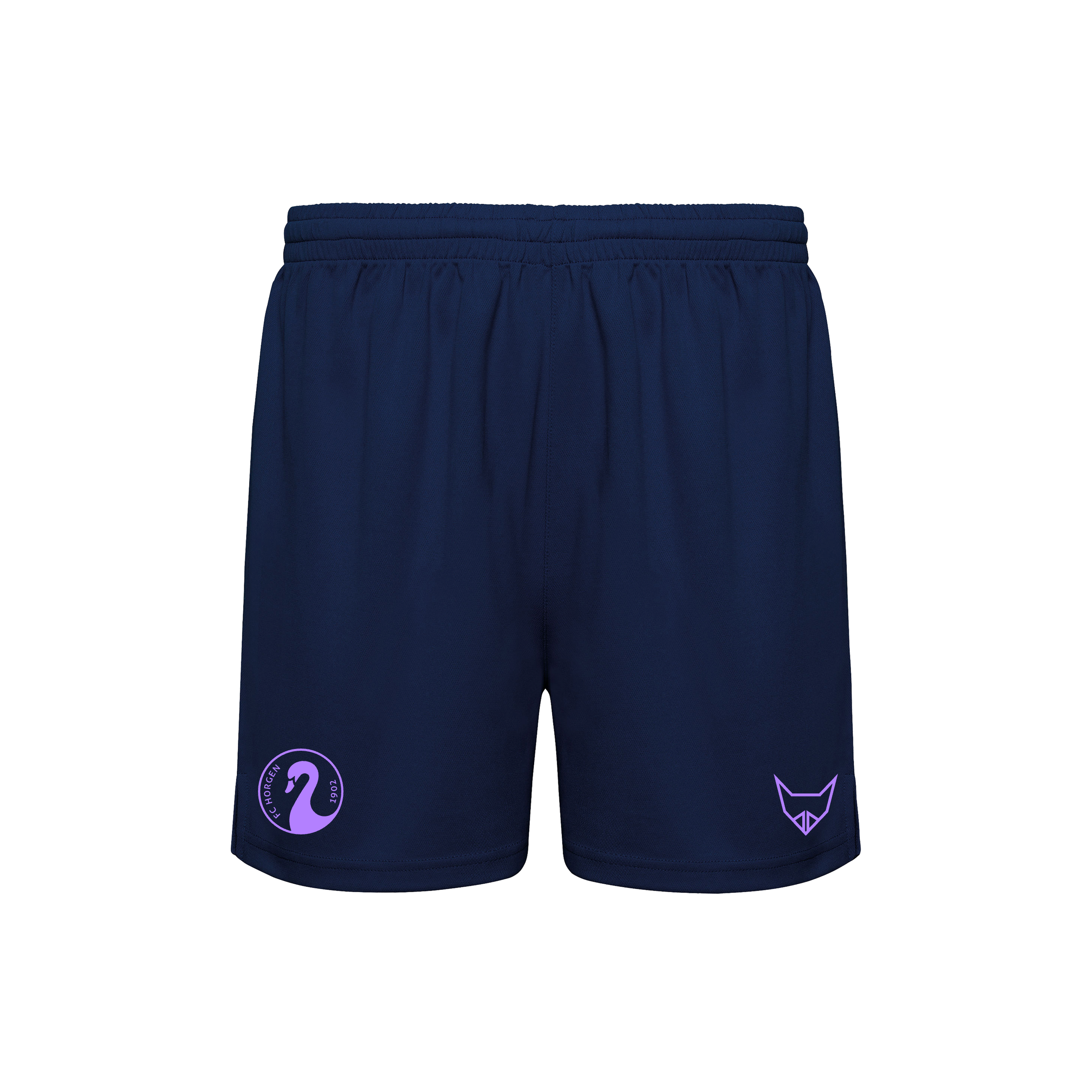 Blaue sportliche Shorts mit elastischem Bund und auffälligen lila Logos auf jedem Bein