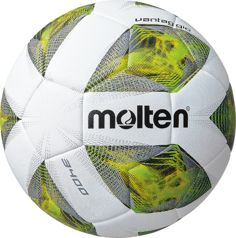 Weißer Fußball der Marke Molten, Modell 3400, mit grünen und grauen Mustern.