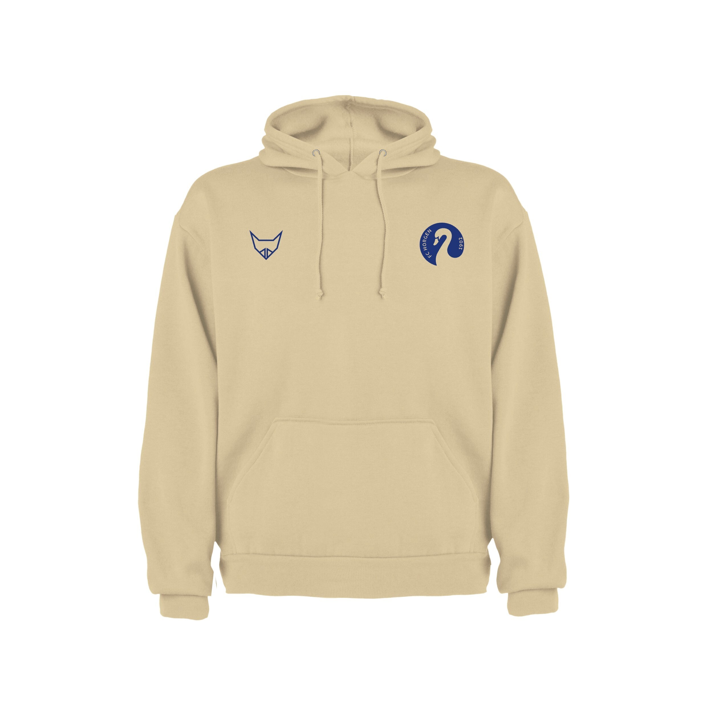 Beiger Hoodie mit blauen Logos auf der Brust, Kapuze und Kängurutasche