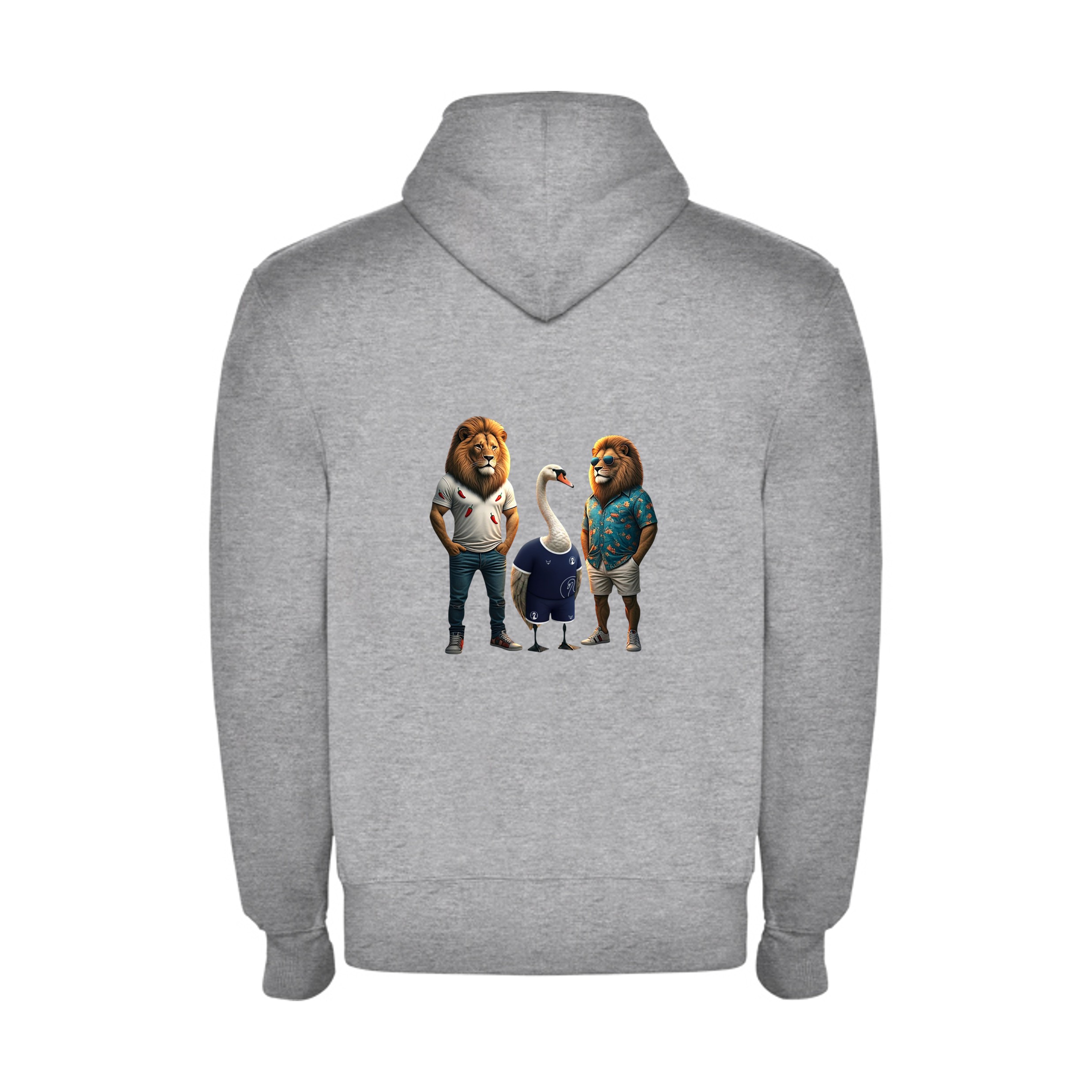 Grauer Hoodie mit Comic-Darstellung von zwei Löwen und einem Schwan