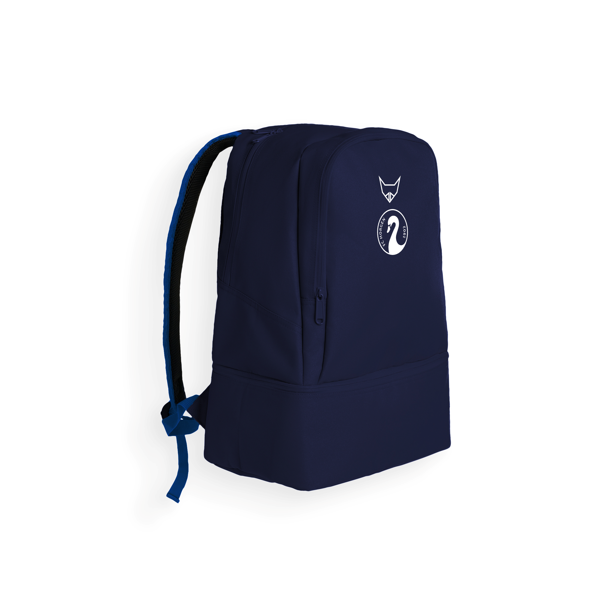Blauer Rucksack mit zwei Logos vorne, geeignet für den Alltag und Reisen