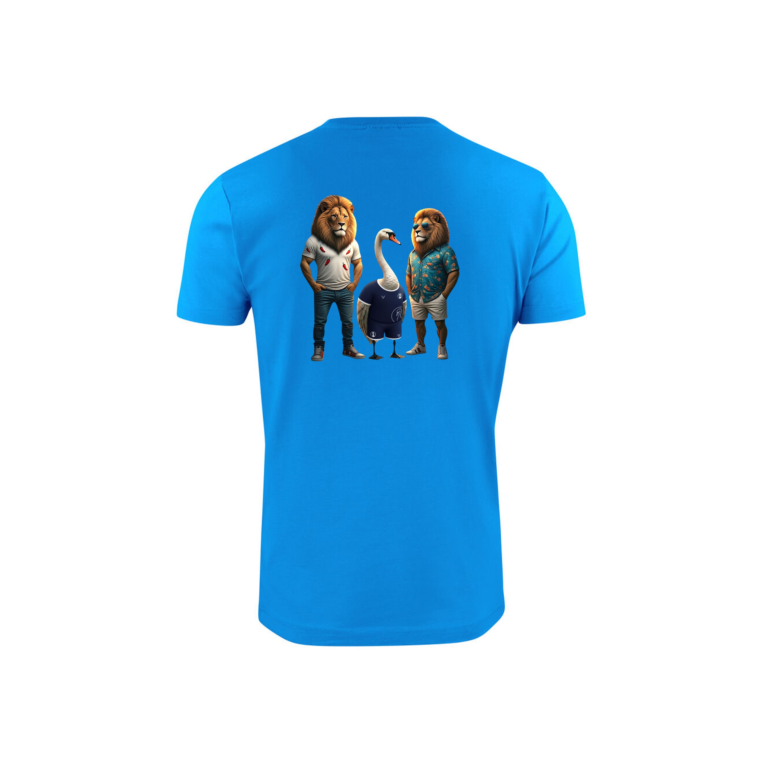 Blaues T-Shirt mit witzigem Löiwe und Schwan Motiv