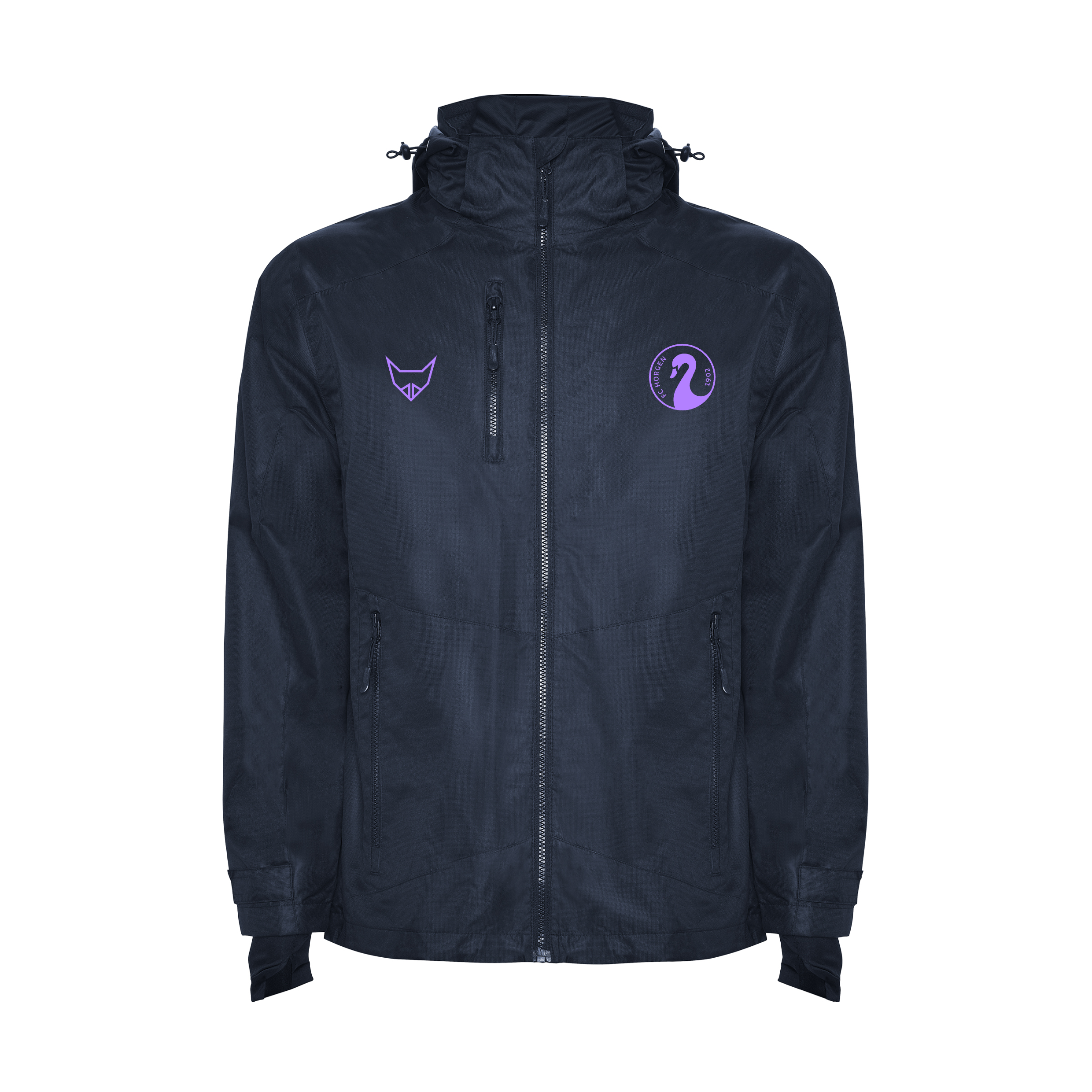 Dunkelblaue Windjacke mit zwei lila Logos auf der Brust
