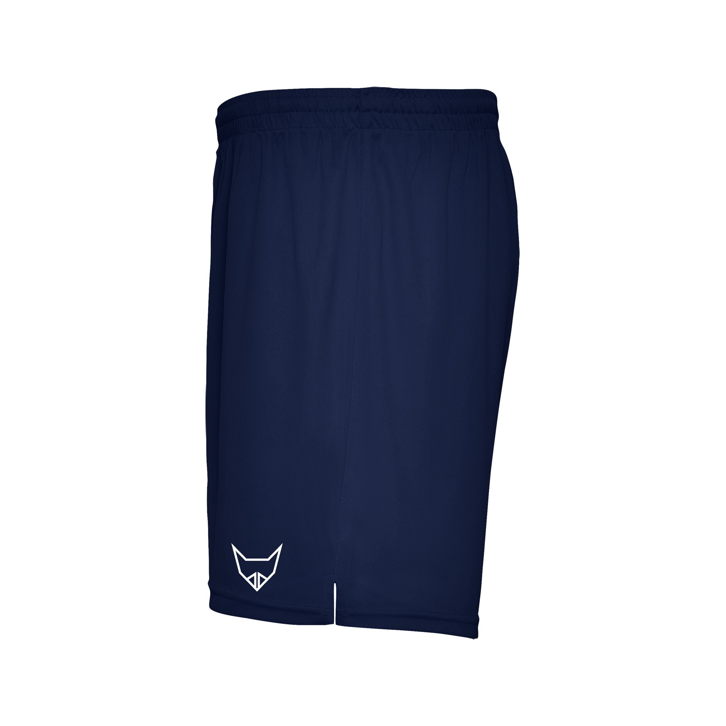 Seitliche Ansicht von dunkelblauen Sportshorts mit elastischem Bund und Logodetail