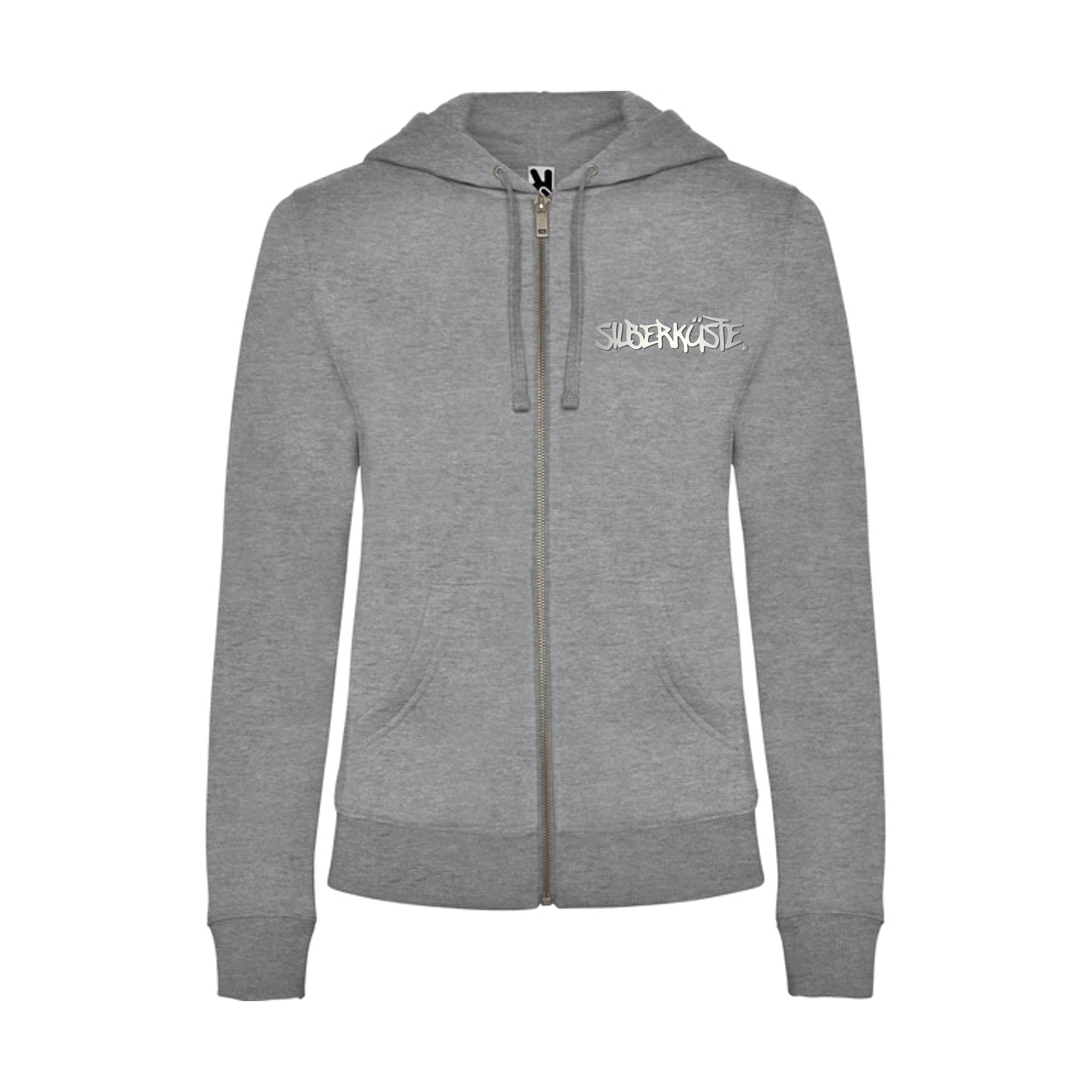 Graue Kapuzenjacke mit Frontreissverschluss und weissem Silberküste-Schriftzug