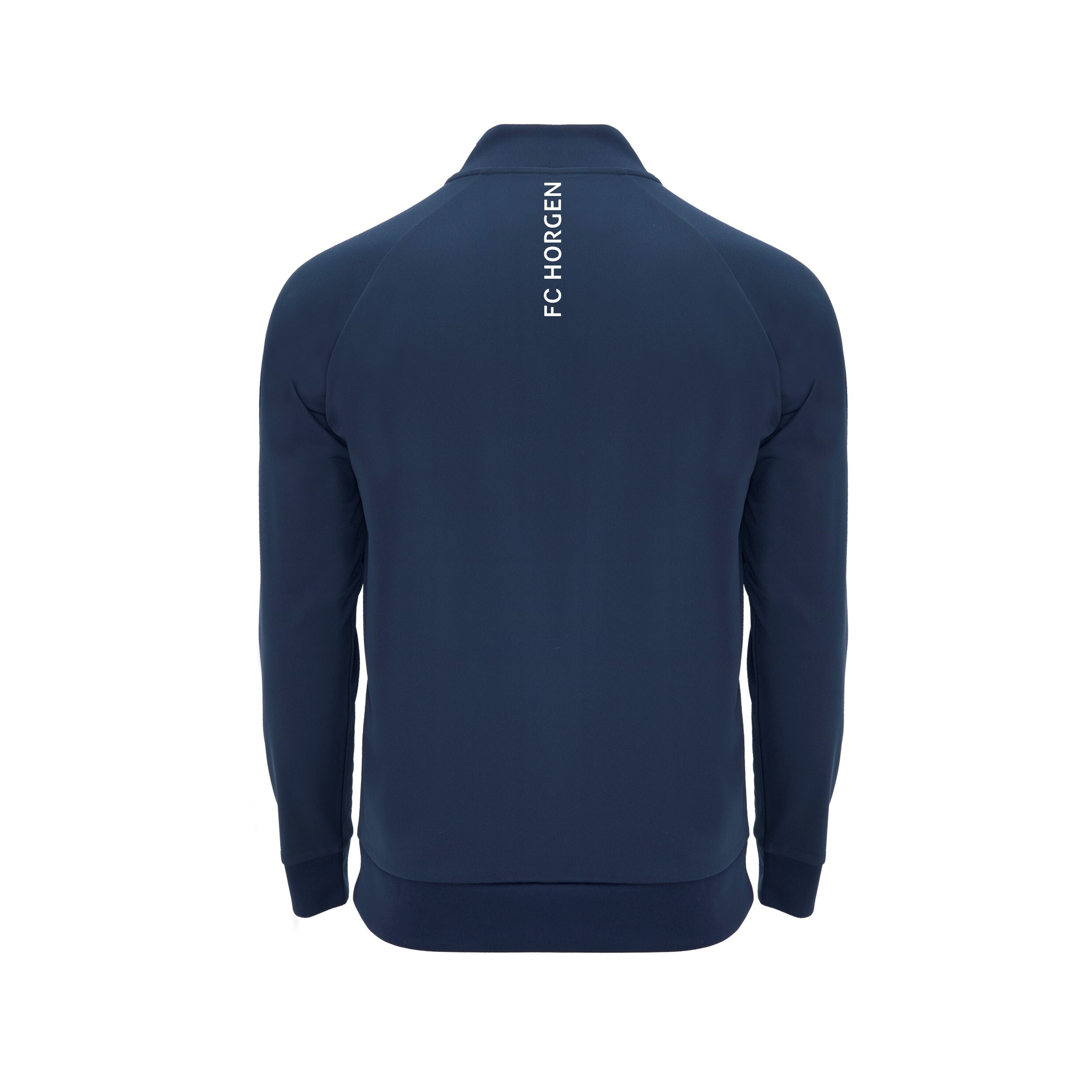 Rückansicht einer blauen Sportjacke mit der Aufschrift 'FC Horgen' auf dem Rücken, dargestellt auf einem weißen Hintergrund.