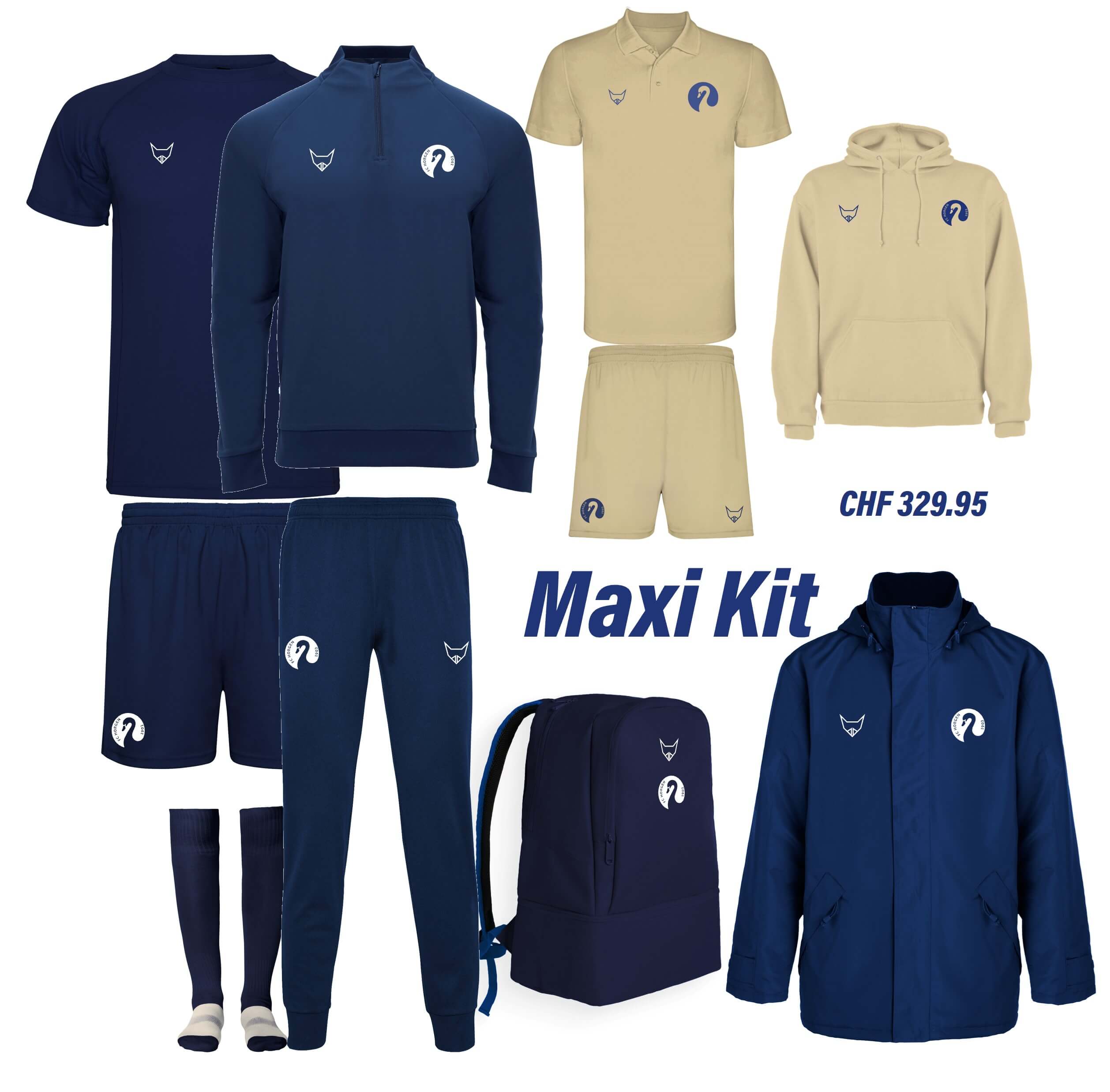 Angebotspaket Maxi Kit mit Trikot, Hose, Jacke, Hoodie und Rucksack in Blau und Beige.