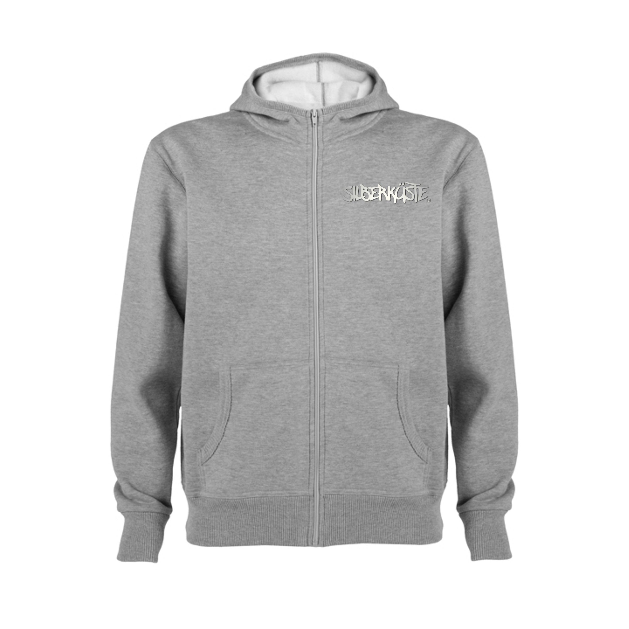 Graue Kapuzenjacke mit Reissverschluss und Logo auf der Brust