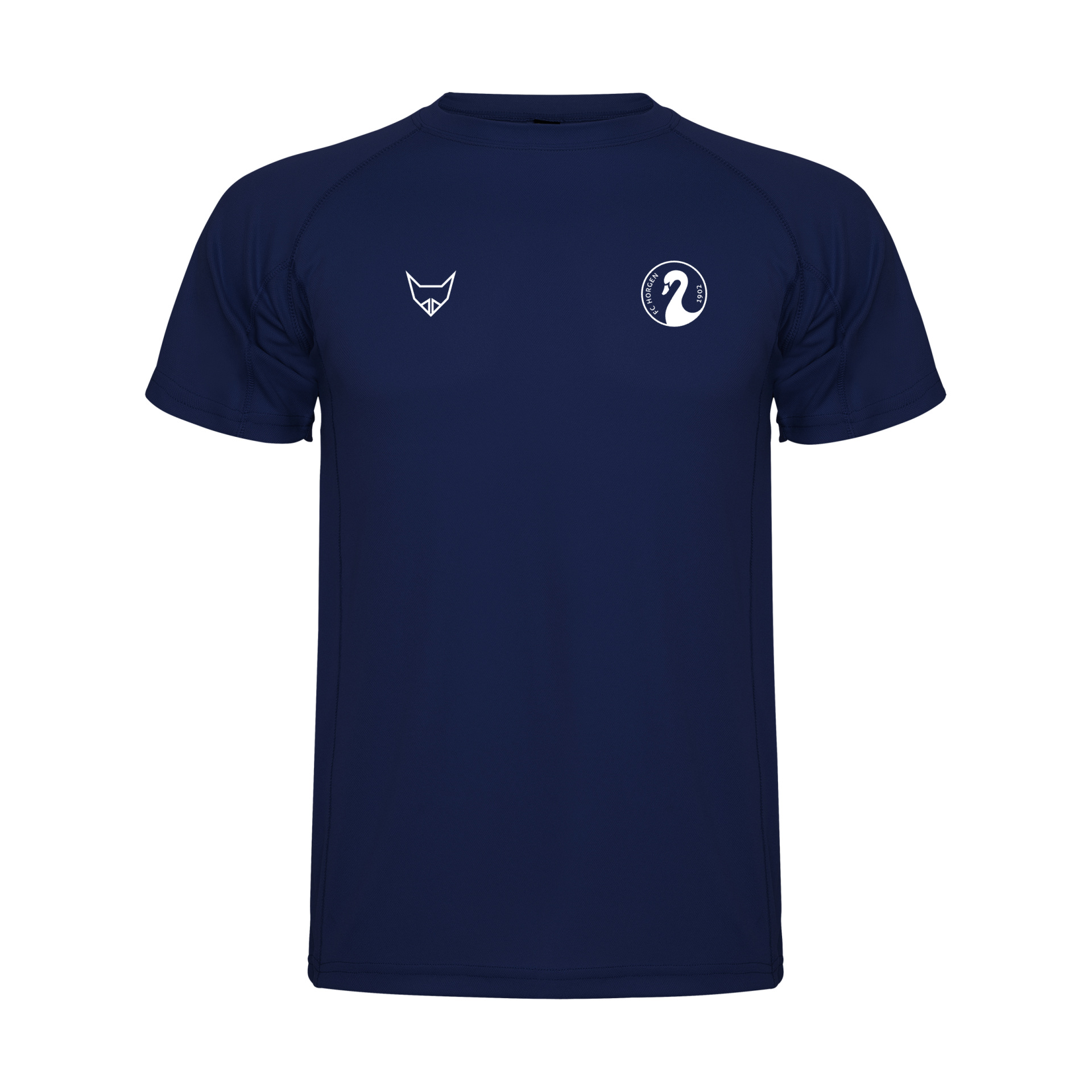 Dunkelblaues Sportshirt mit weißem Logo auf der Brust