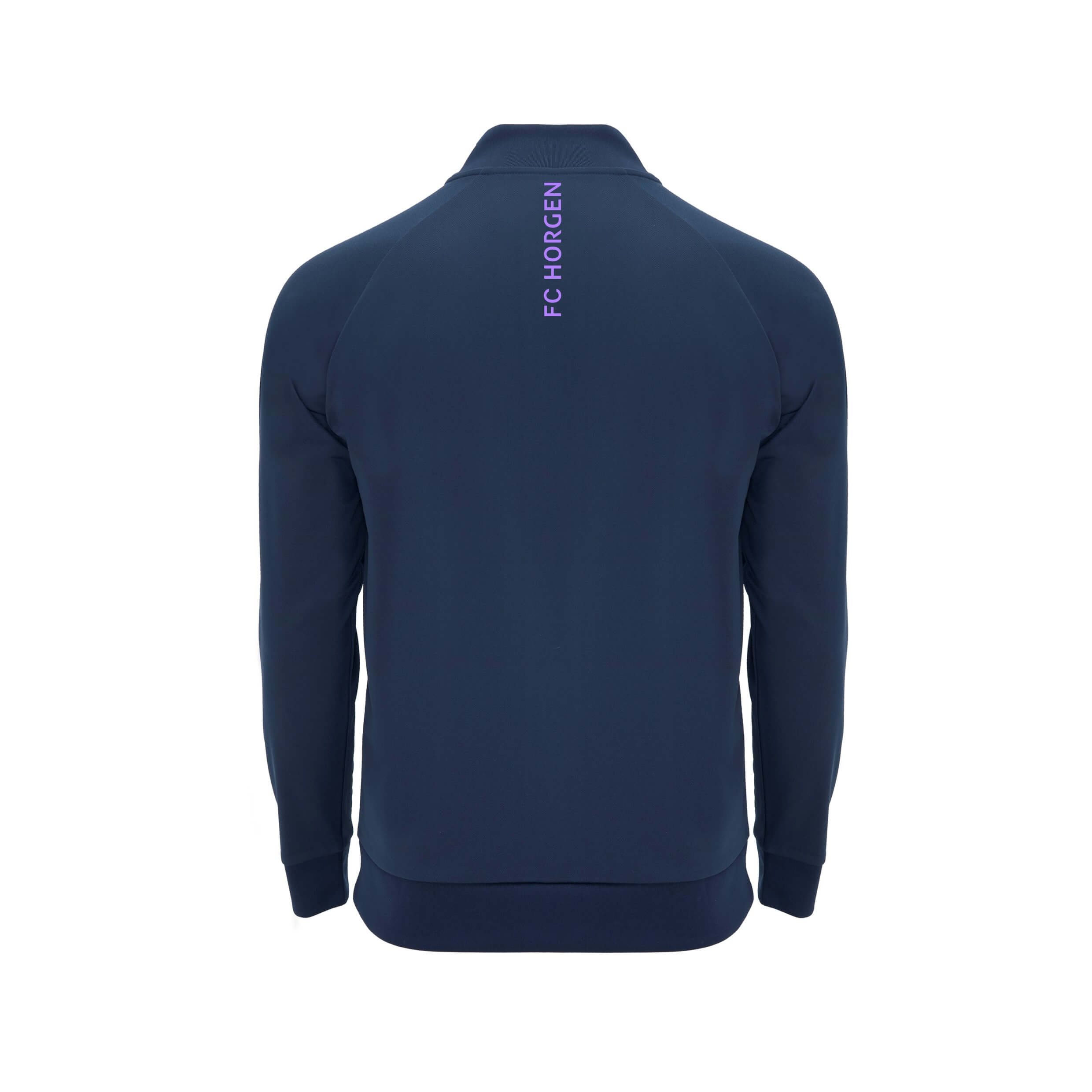 Rückansicht einer dunkelblauen Trainingsjacke mit dem Schriftzug 'FC Horgen' am Rücken
