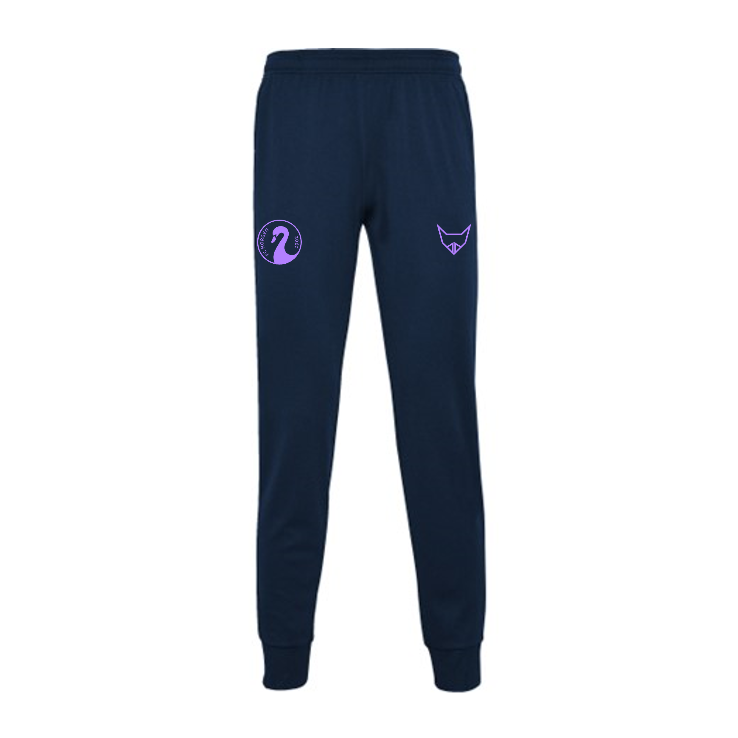 Dunkelblaue Jogginghose mit elastischem Bund und lila Logo-Designs auf den Beinen
