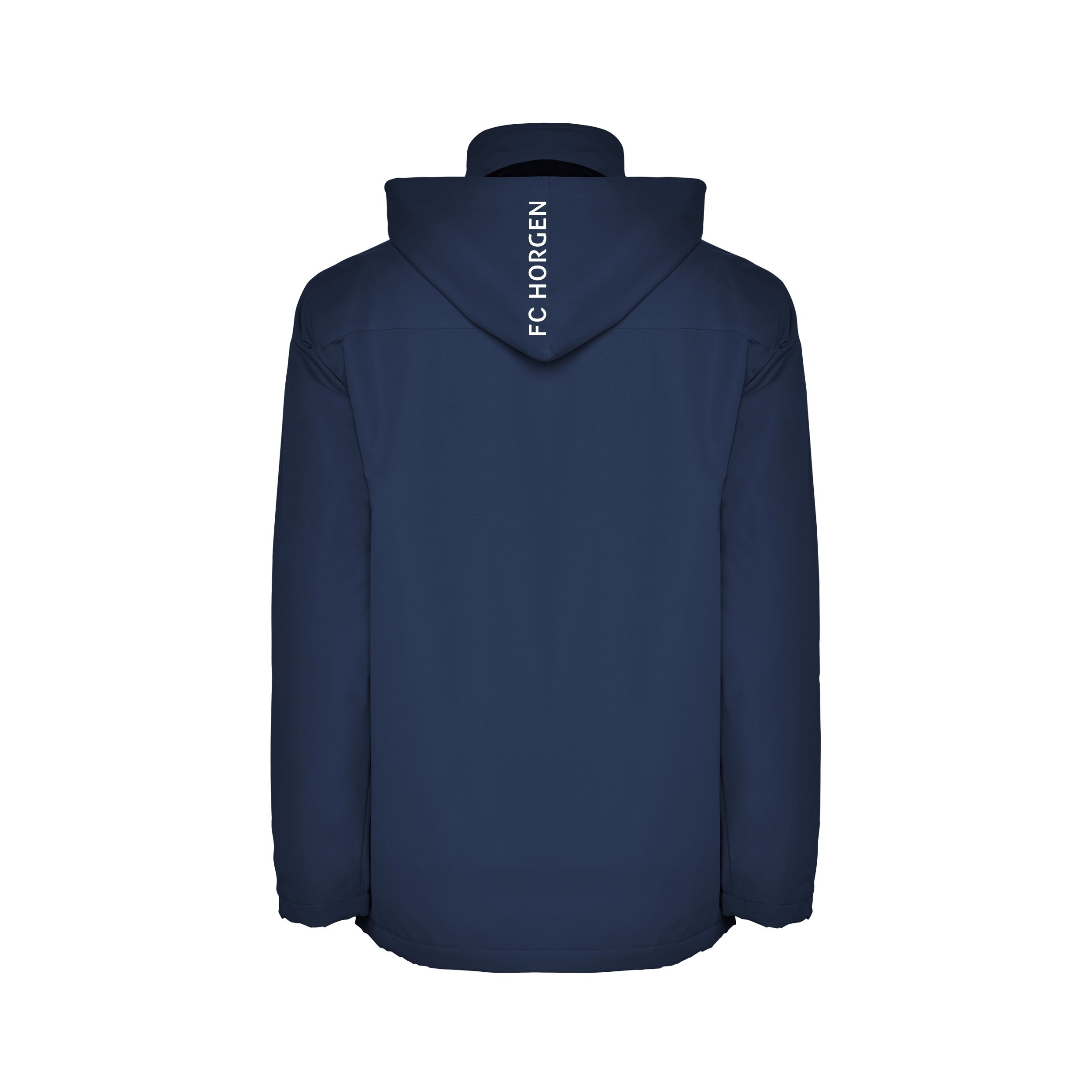 Rückansicht einer dunkelblauen Kapuzenjacke mit dem Aufdruck 'FC Horgen' auf der Kapuze.