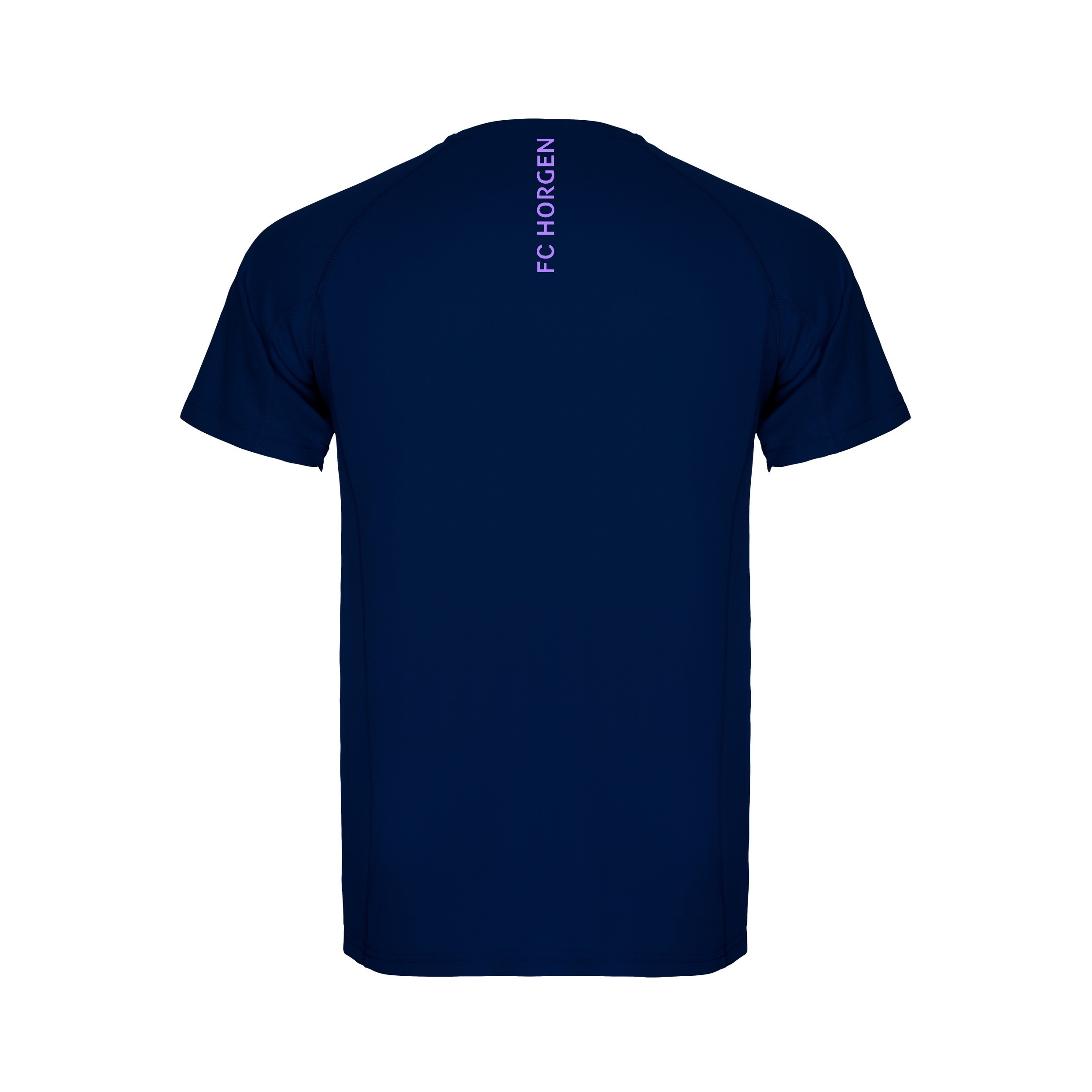 Blaues T-Shirt von hinten mit vertikalem FC Horgen Schriftzug