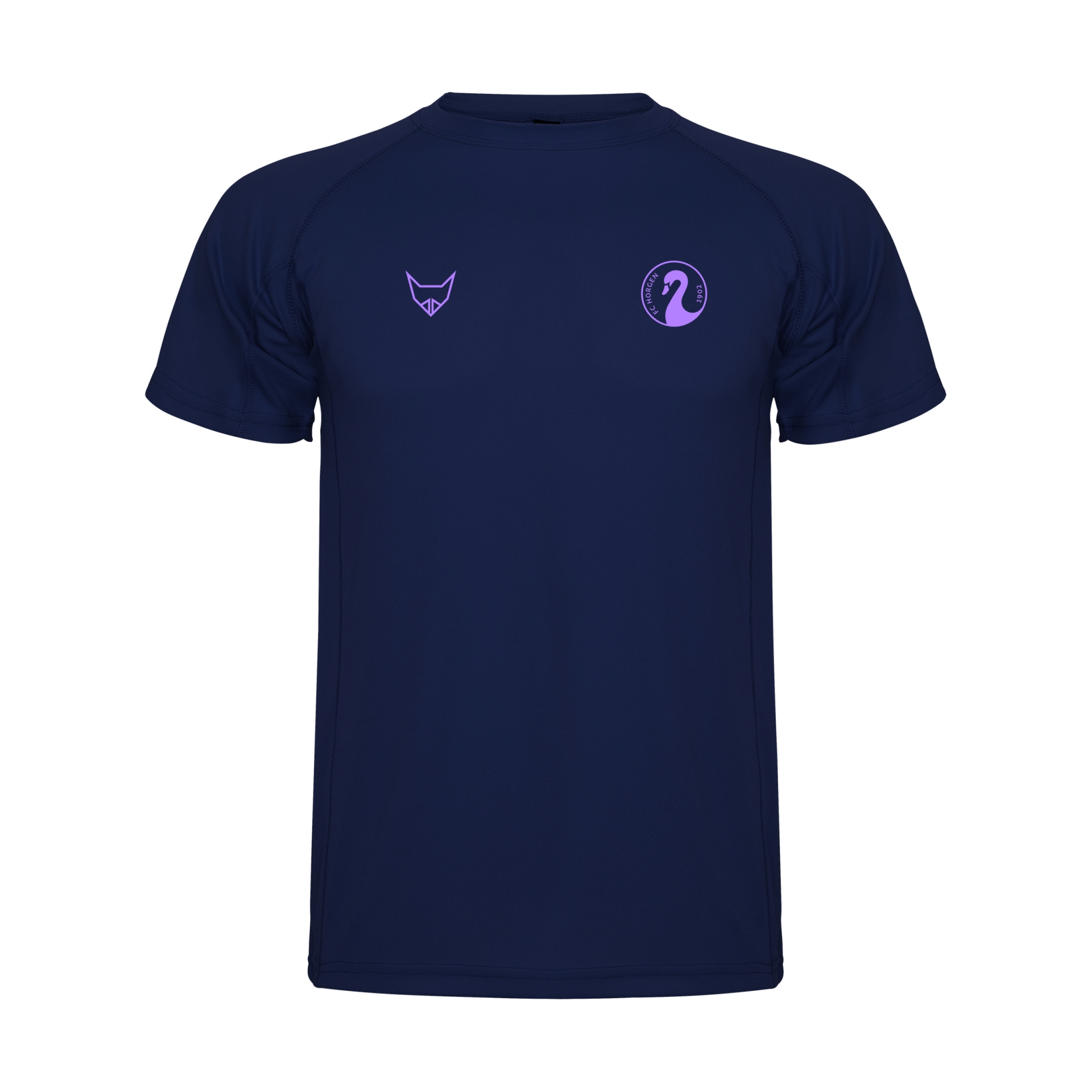 Vorderansicht eines dunkelblauen Sport-T-Shirts mit lila Logo auf der Brust