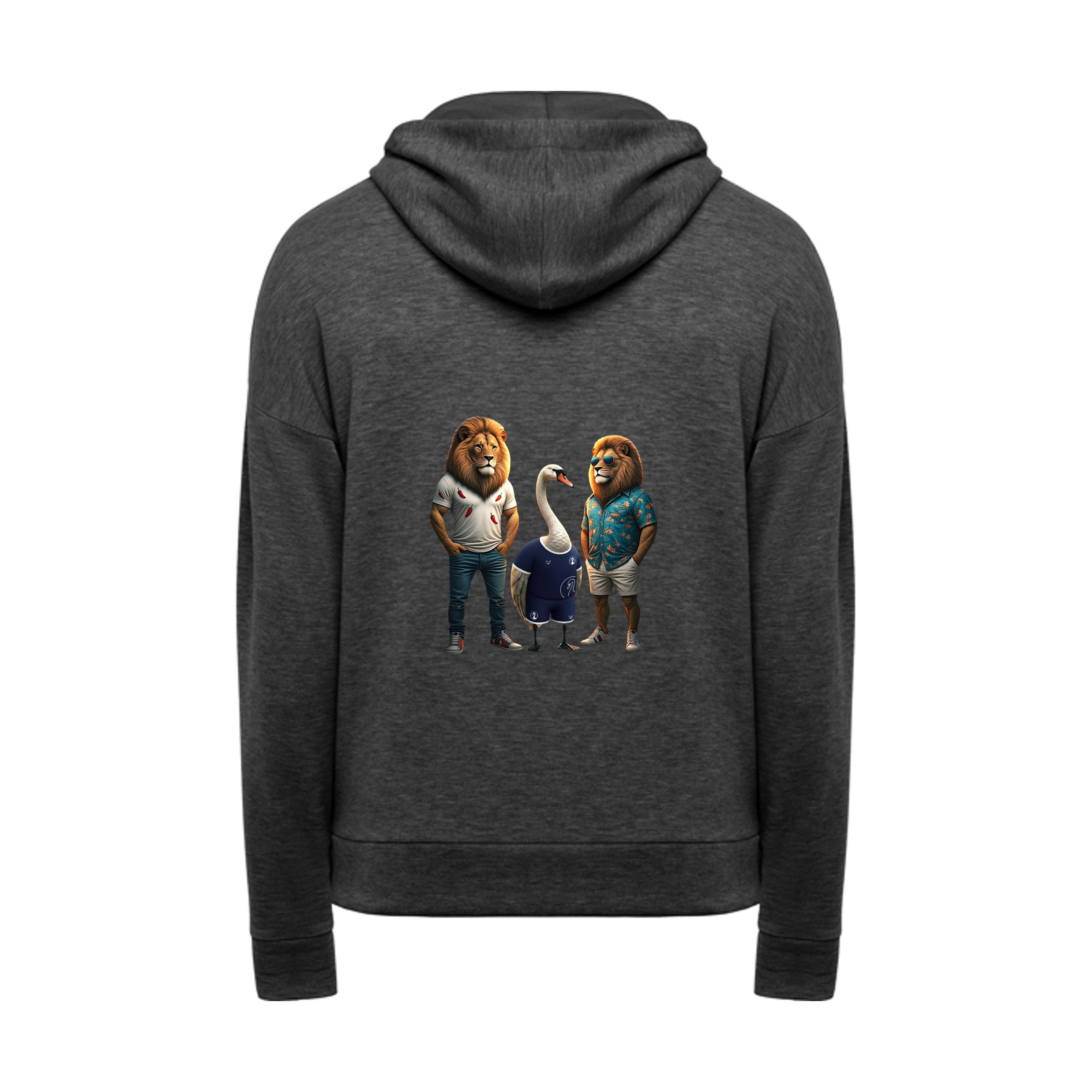 Dunkler Hoodie mit drei Tierfiguren hinten: zwei Löwen und ein Schwan