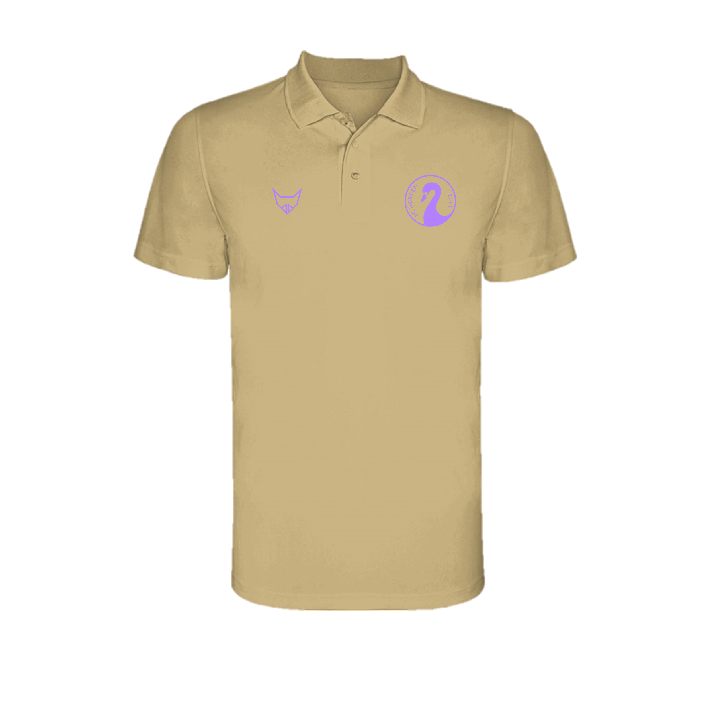 Beiges Polohemd mit lila Details und abgebildetem Logo auf der Vorderseite