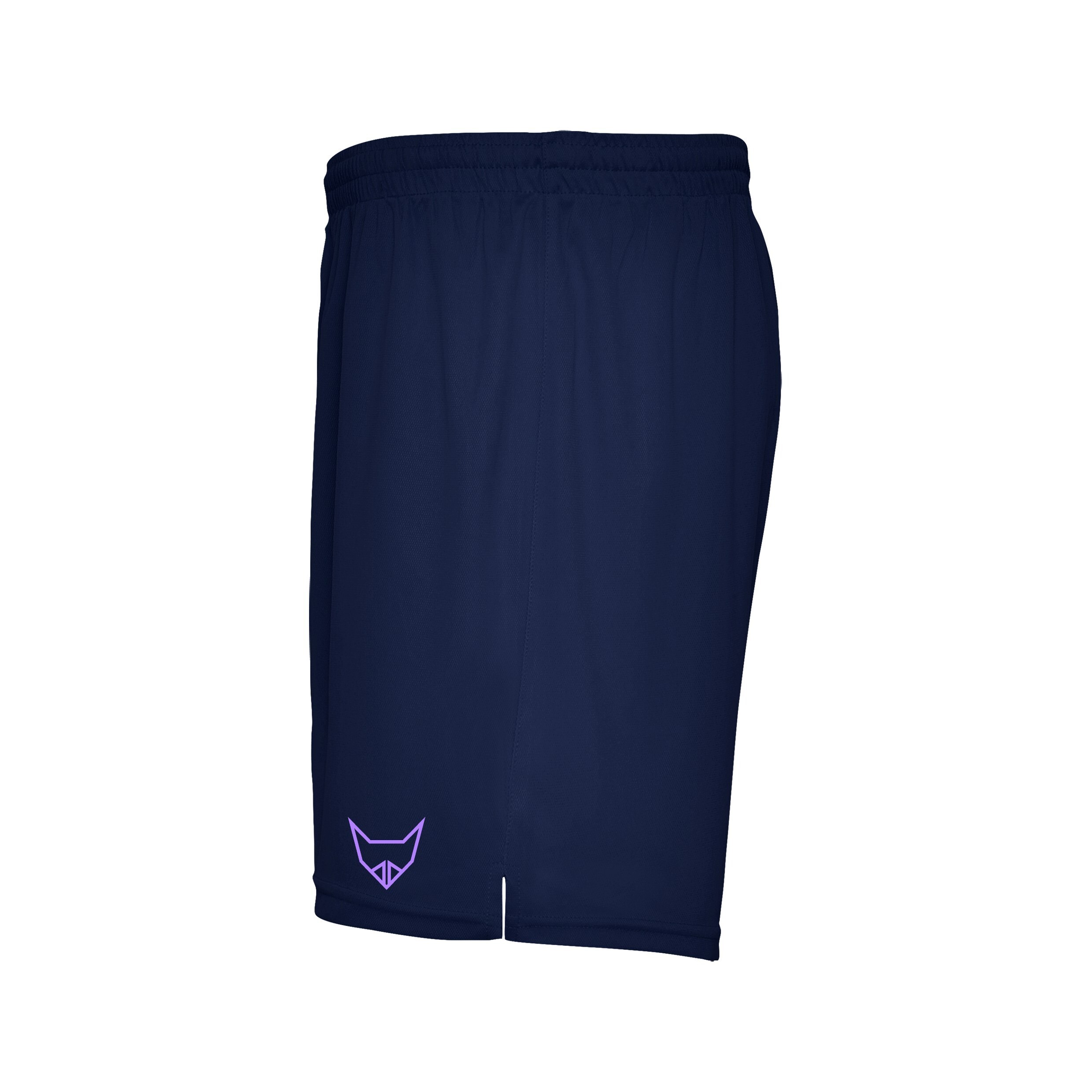 Seitliche Ansicht einer dunkelblauen Sportshorts mit lila Logo am Beinende