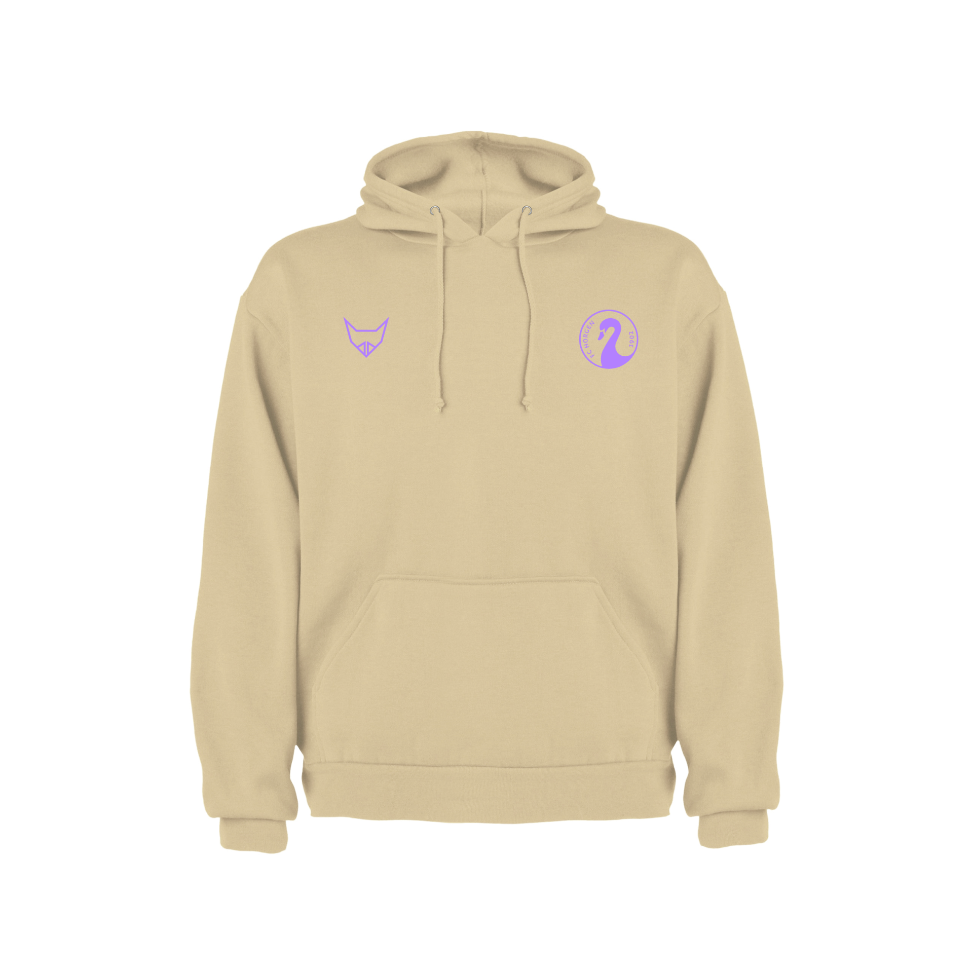 Beiger Unisex-Hoodie mit lila Logos auf der Vorderseite, ideal für Freizeit und Komfort