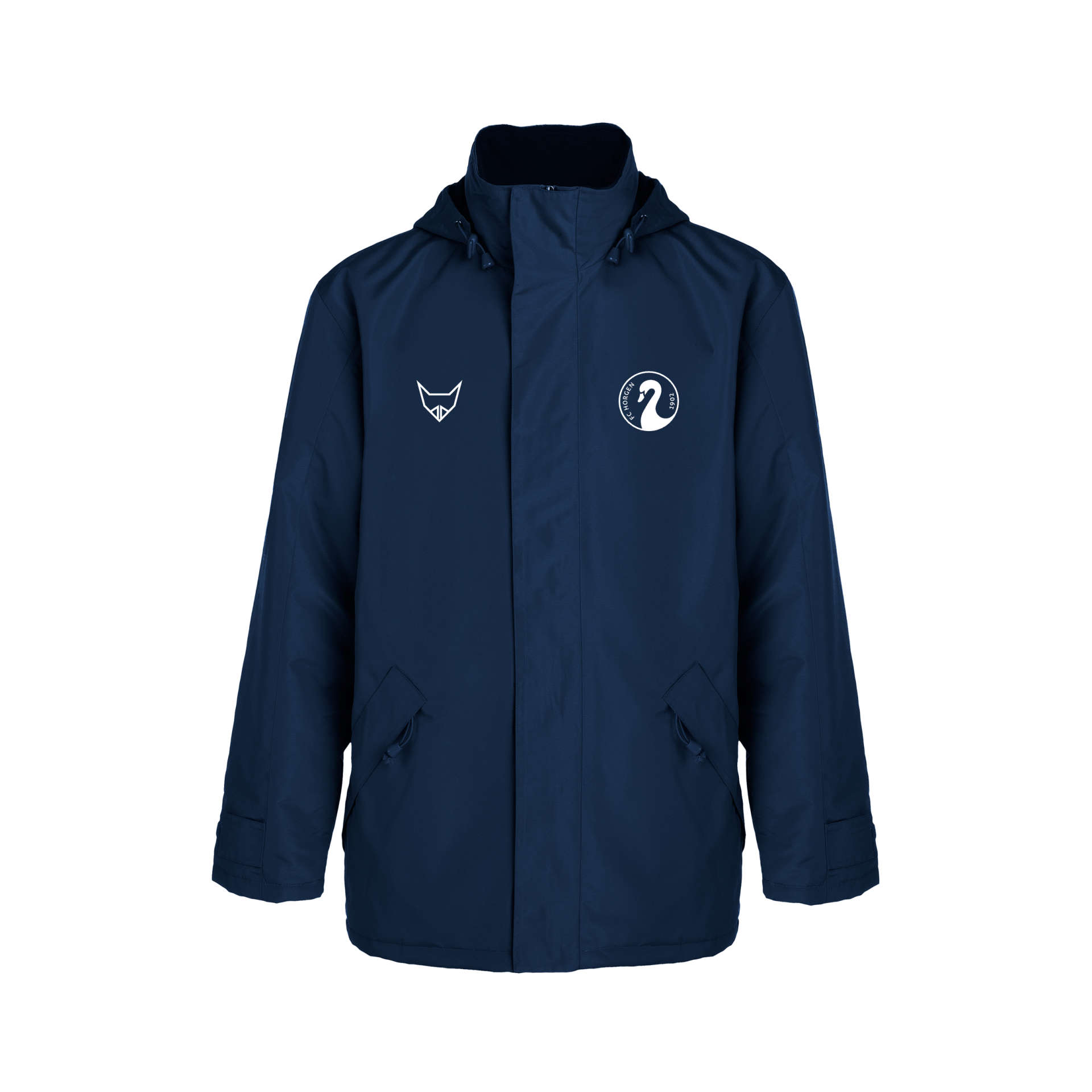 Dunkle Winterjacke mit Kapuze und zwei Logos, frontale Ansicht