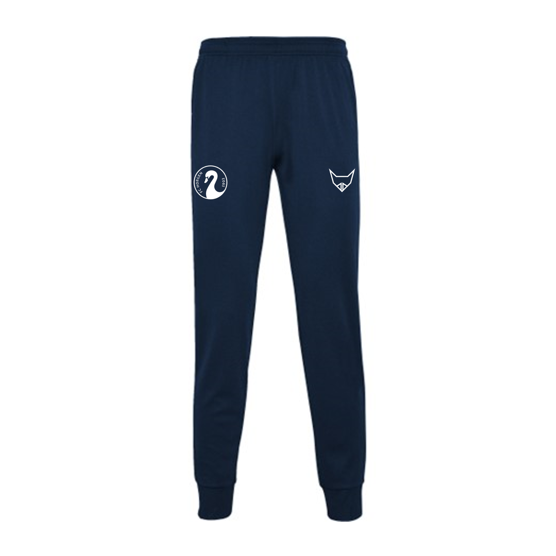 Dunkelblaue Jogginghose mit weißen Logos auf den Hosenbeinen