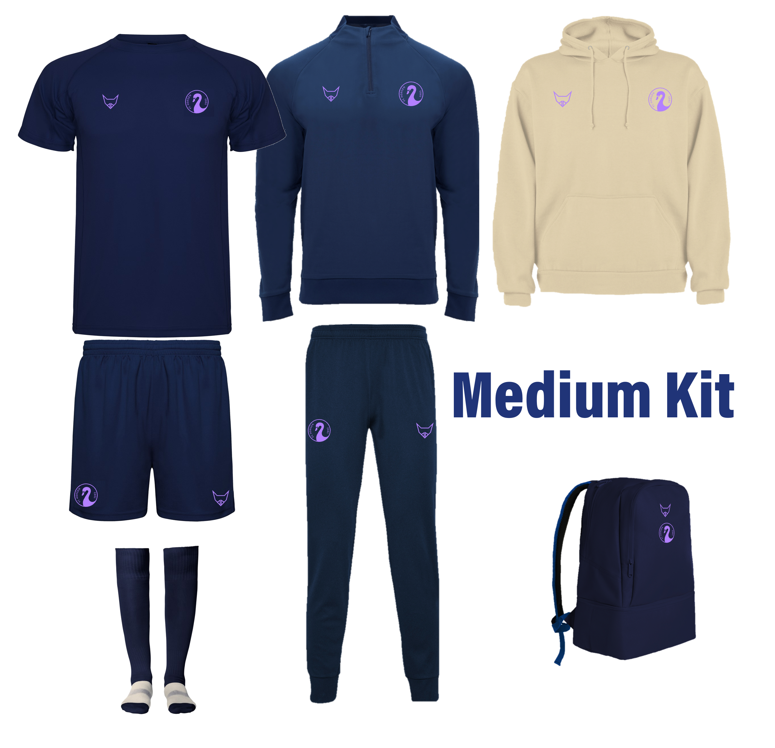 Verschiedene Teile des 'Medium Kit' Sportbekleidungs-Sets in Blau und Beige, inklusive T-Shirt, Hoodie, Trainingshose, Shorts, Socken und Rucksack.