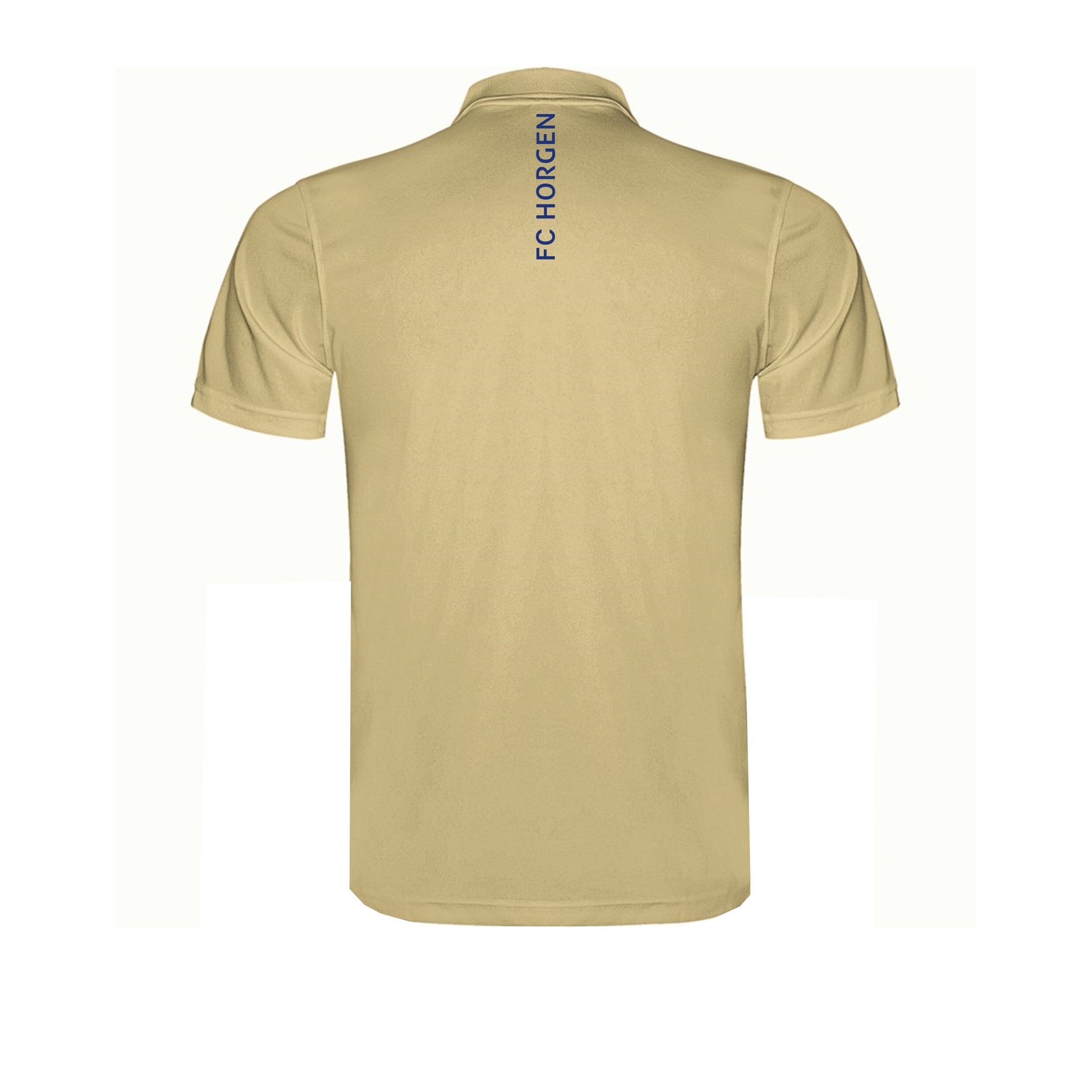 Beiges Poloshirt mit FC Horgen Schriftzug auf dem Rücken, Rückansicht.