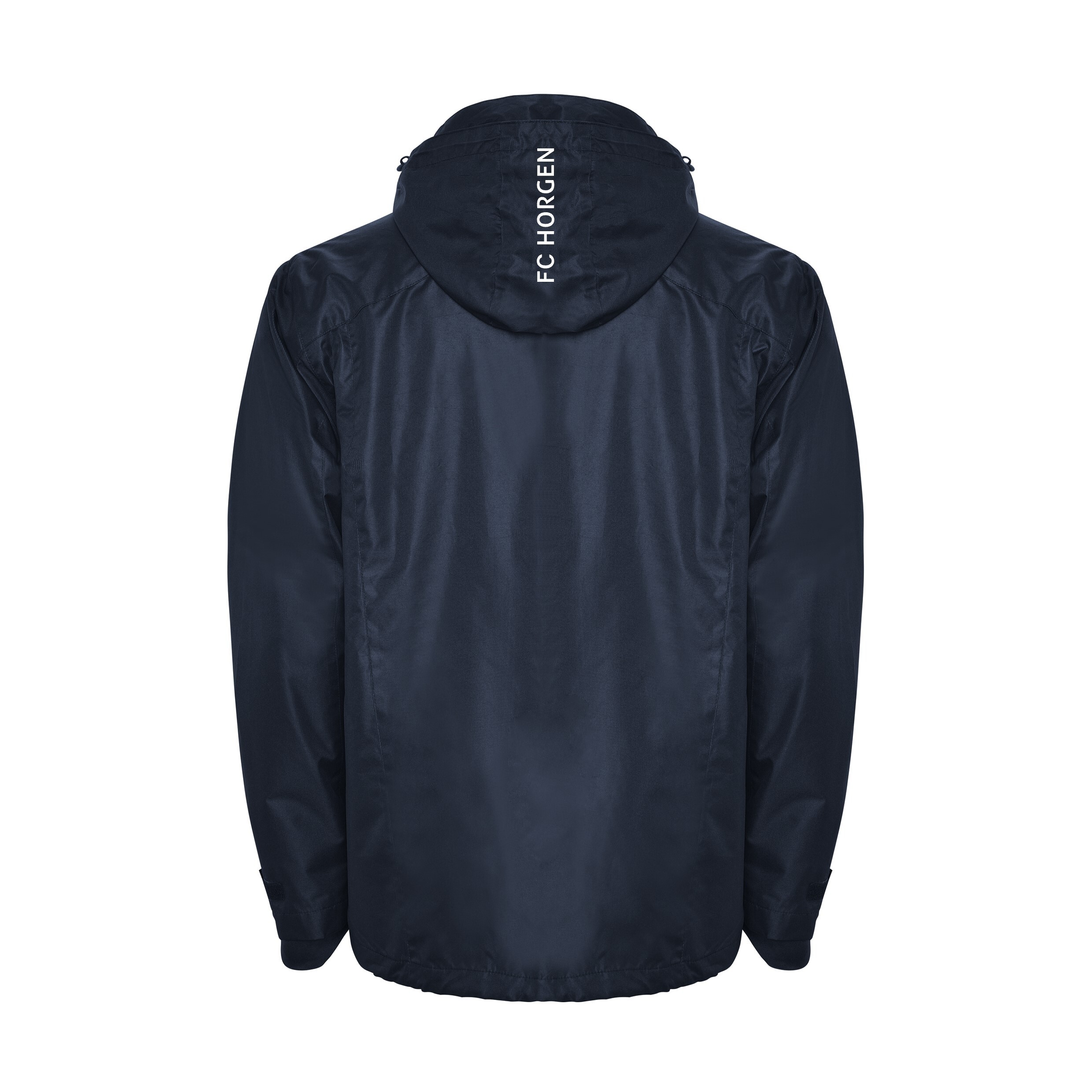 Dunkelblaue Regenjacke mit FC Horgen Aufschrift auf der Kapuze
