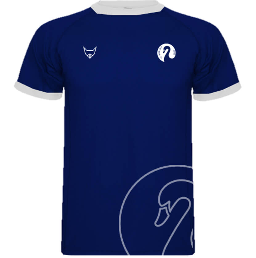 Modernes dunkelblaues Trainingsshirt mit weißen Details und dynamischem Logo