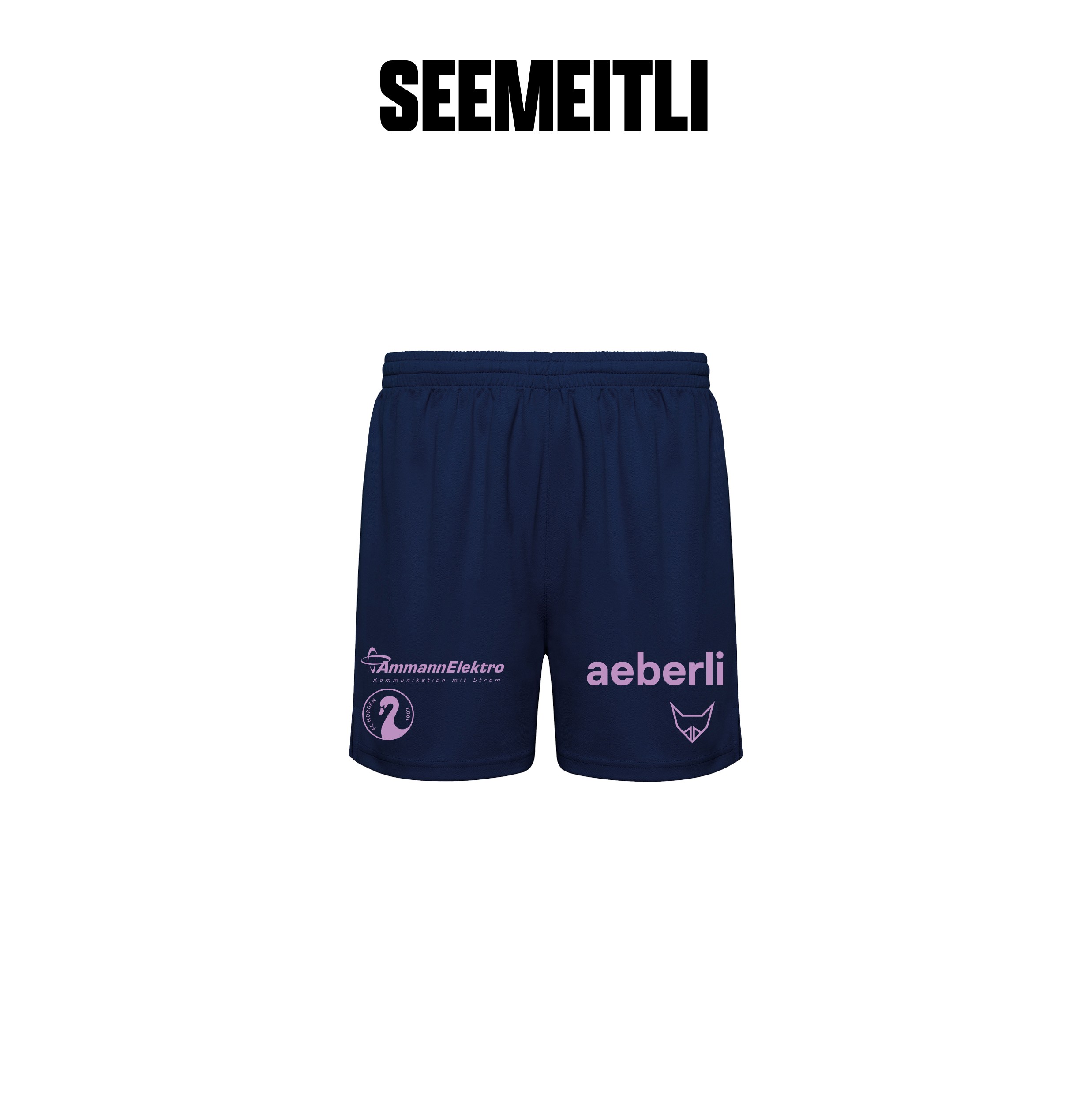 Dunkelblaue SEEMEITLI Sportshorts mit elastischem Bund und rosa Sponsorenlogos auf der Vorderseite