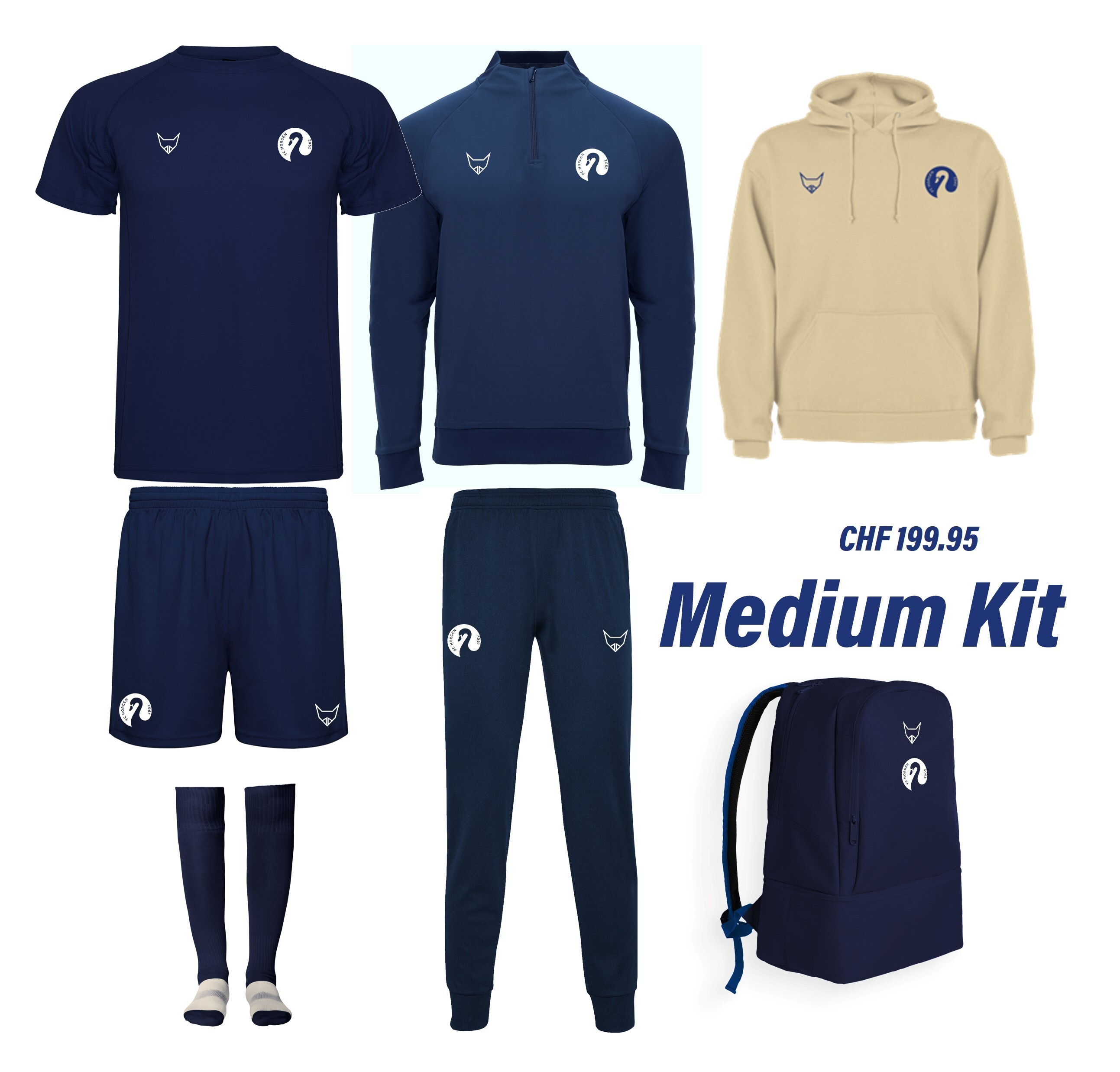 Medium Kit bestehend aus Hoodie, T-Shirt, Trainingshose, Shorts, Socken und Rucksack, Preis CHF 199.95