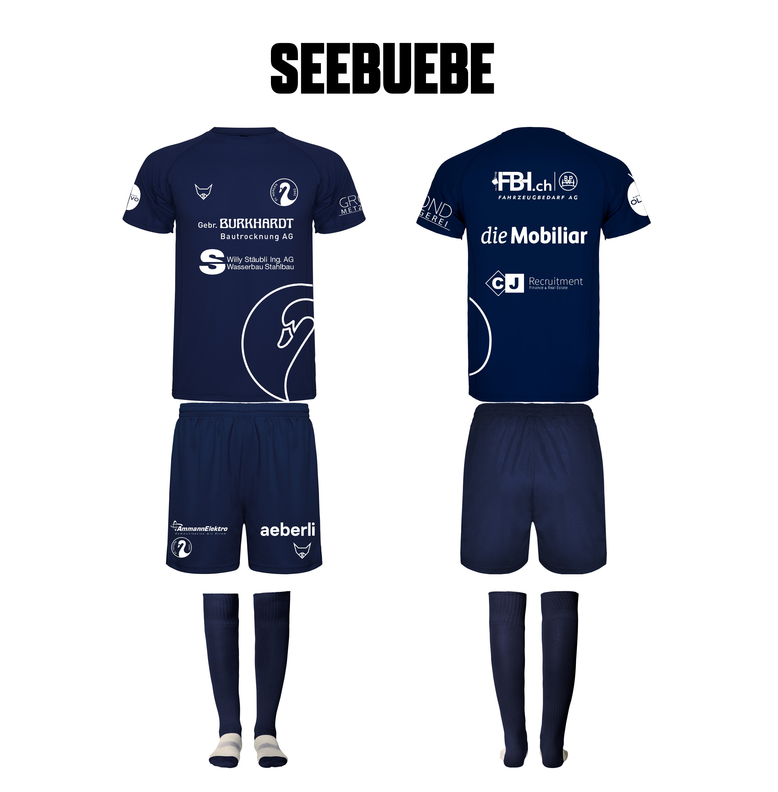 Dunkelblaues SEEBUEBE Fussballtrikot-Set mit Shorts und Stutzen, gezeigt in Vorder- und Rückansicht mit weissen Sponsorlogos