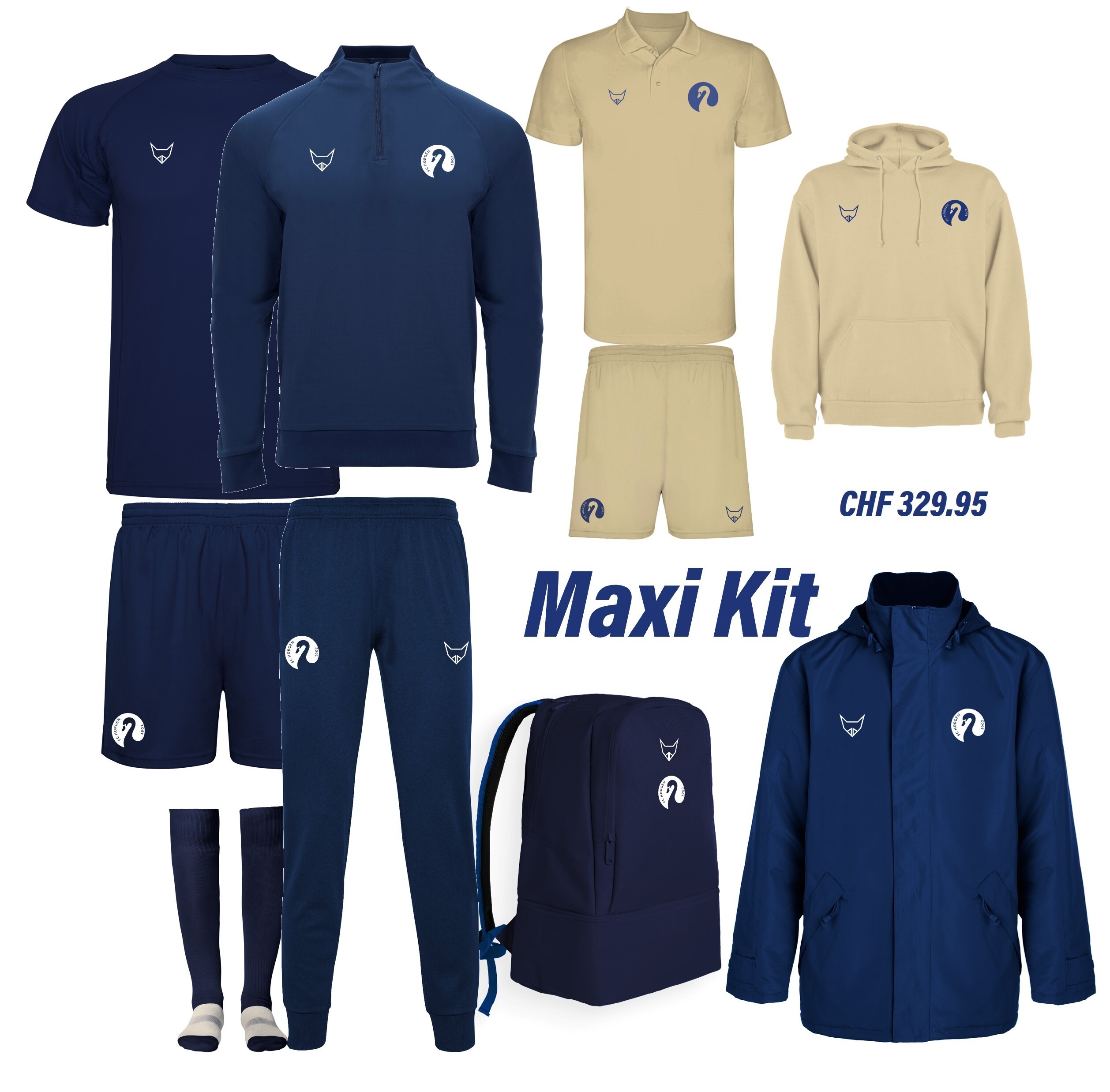 Set aus Sportkleidung für Männer in Dunkelblau und Beige, enthält Jacke, Trainingsanzug, Polo, Shorts, Hoodie und Rucksack, mit Preis von CHF 329.95