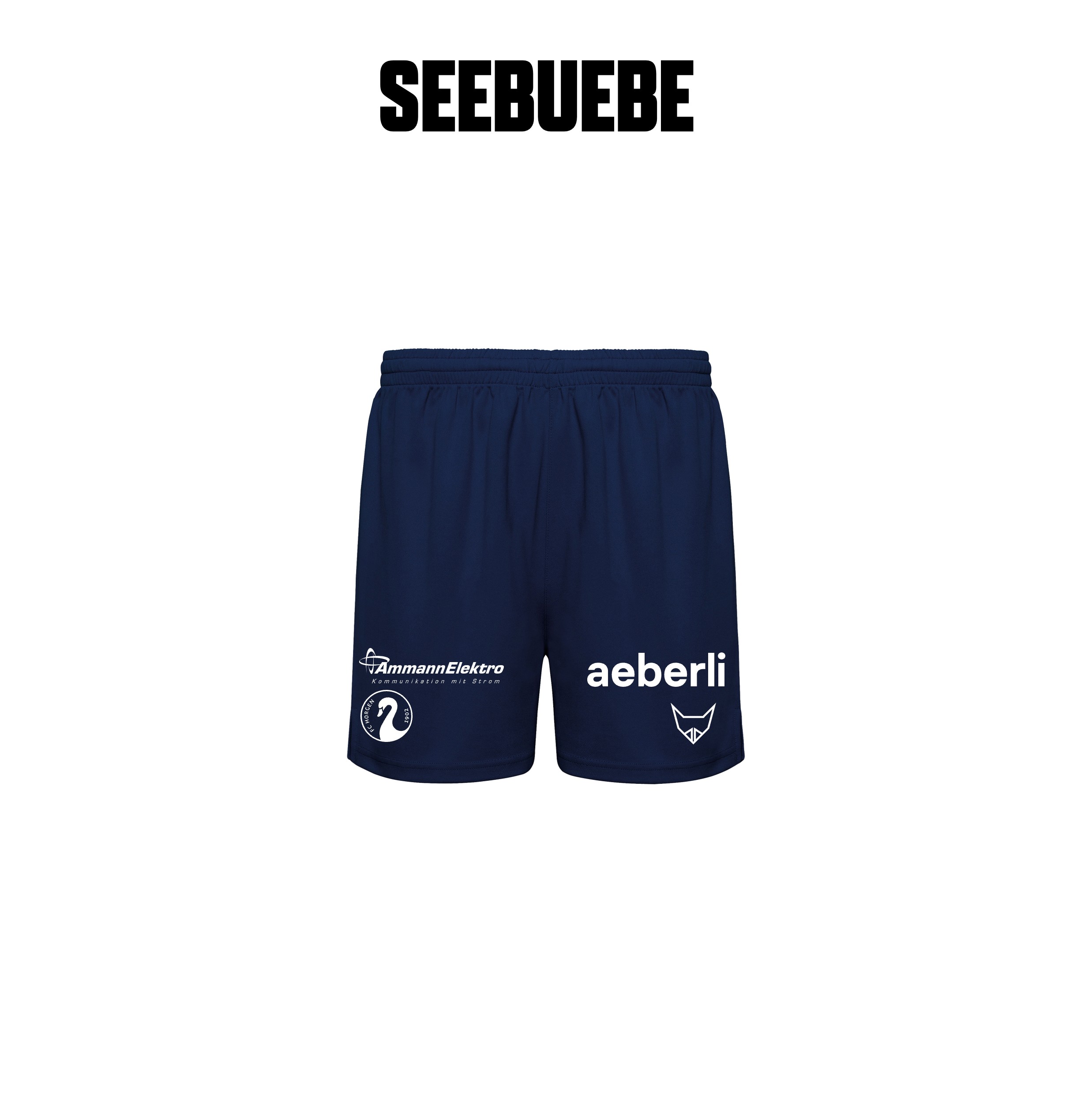 Dunkelblaue SEEBUEBE Sportshorts mit elastischem Bund, Sponsorlogos Ammannelektro und aeberli sowie Vereinswappen auf der Vorderseite