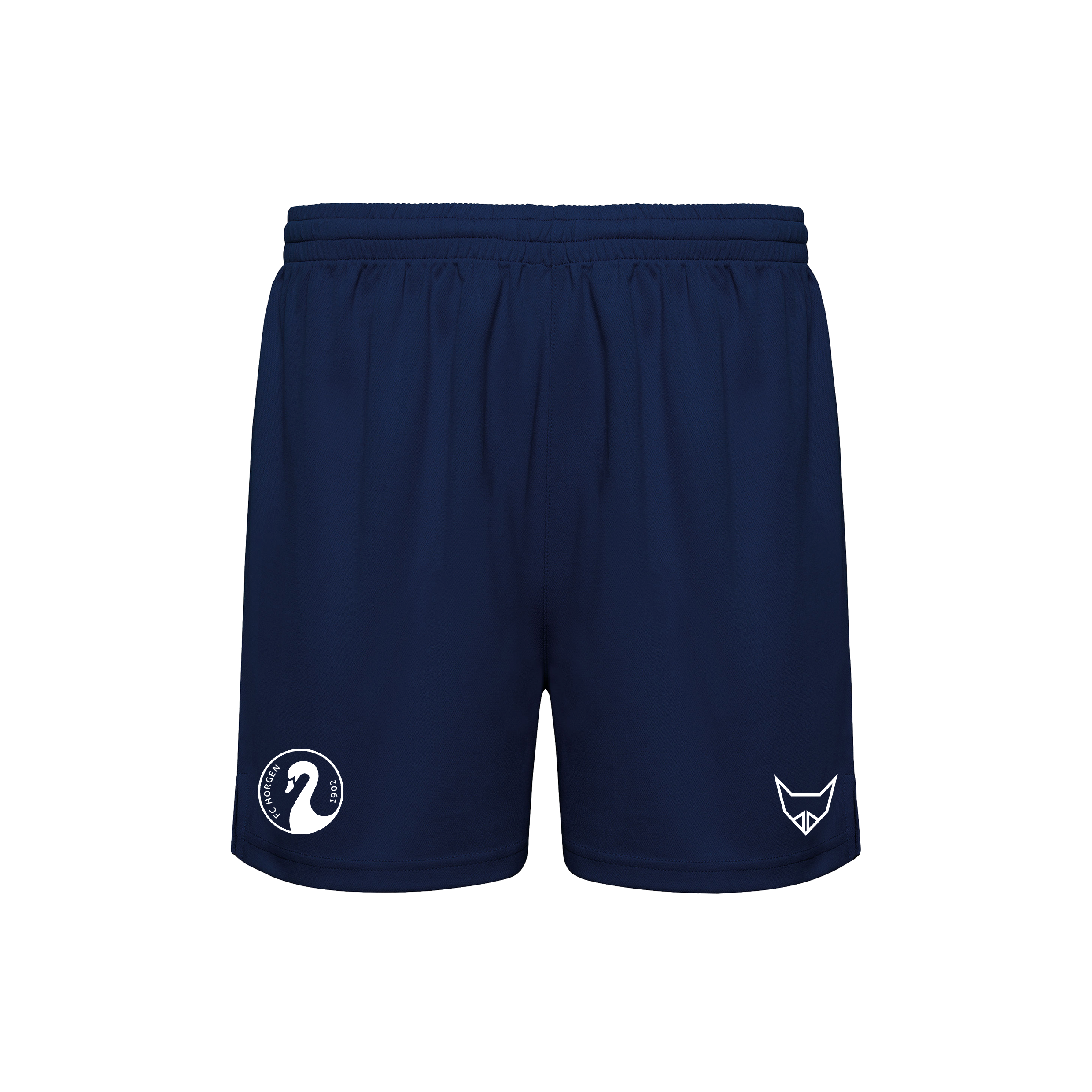 Vorderansicht von dunkelblauen Sportshorts mit zwei weißen Logos, elastischer Bund