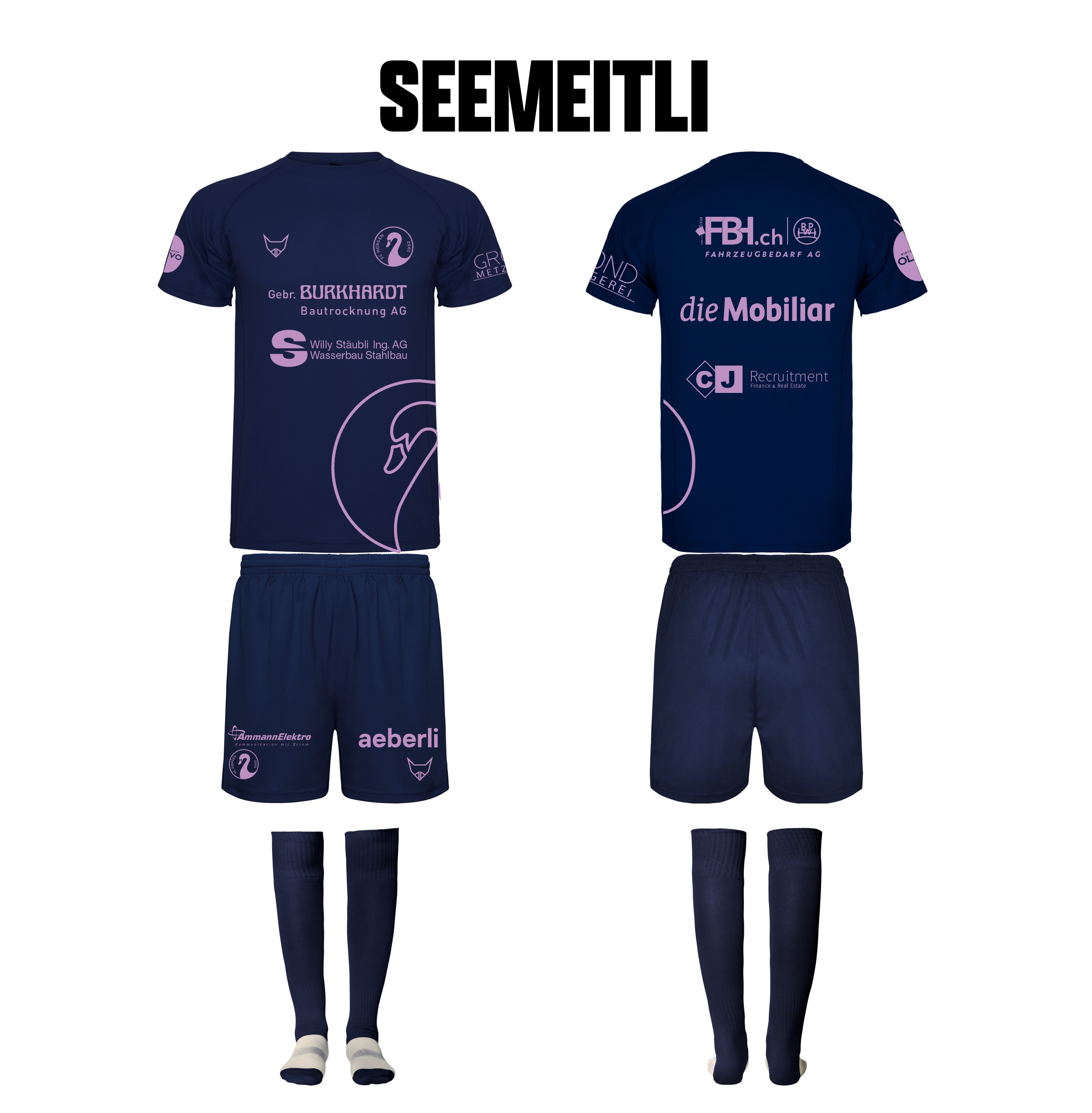 SEEMEITLI Fussballtrikot-Set in Dunkelblau mit rosa Sponsorenlogos, bestehend aus Trikot, Shorts und Stutzen in Vorder- und Rückansicht