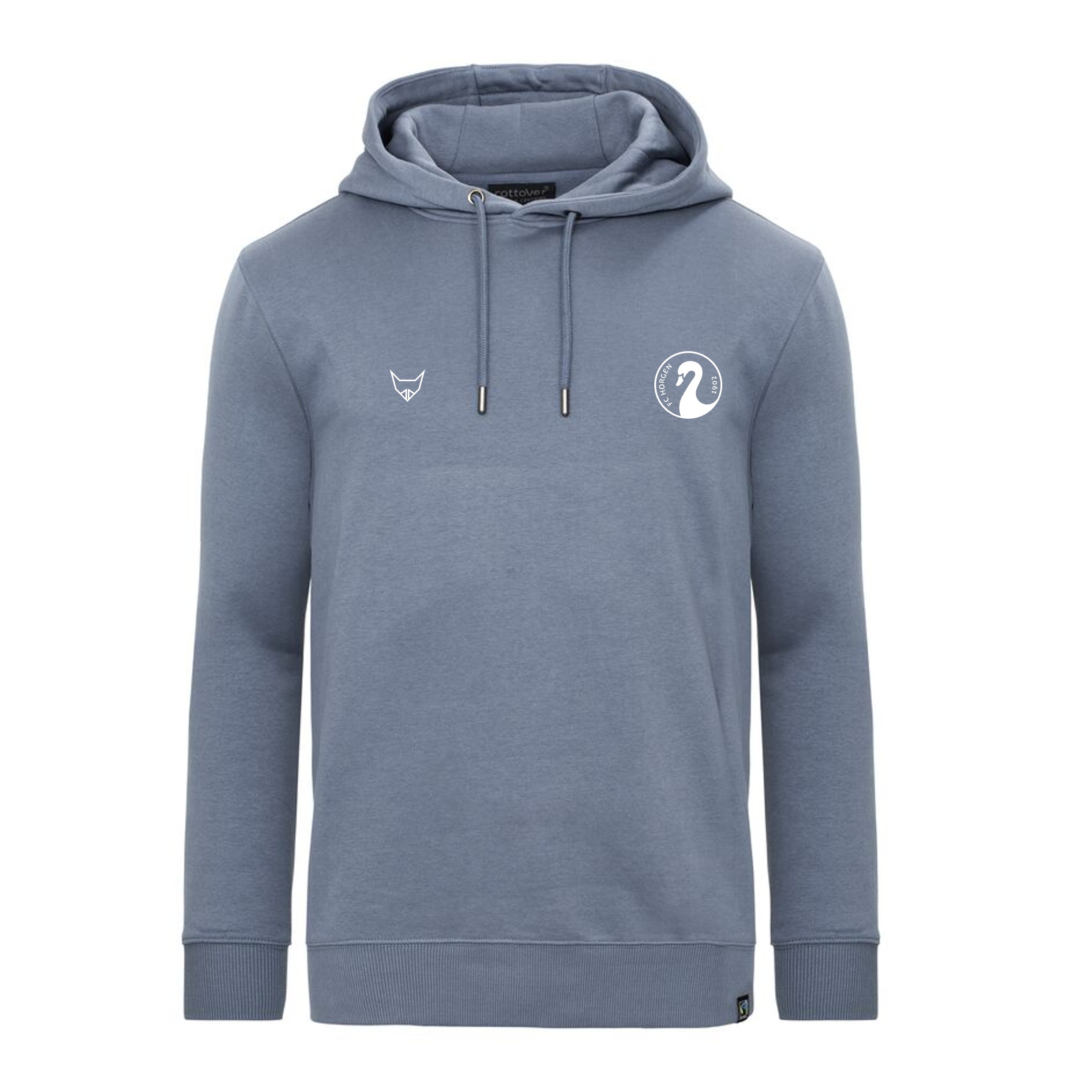 Blaues Hoodie mit Kapuze und Logo uf de Brust