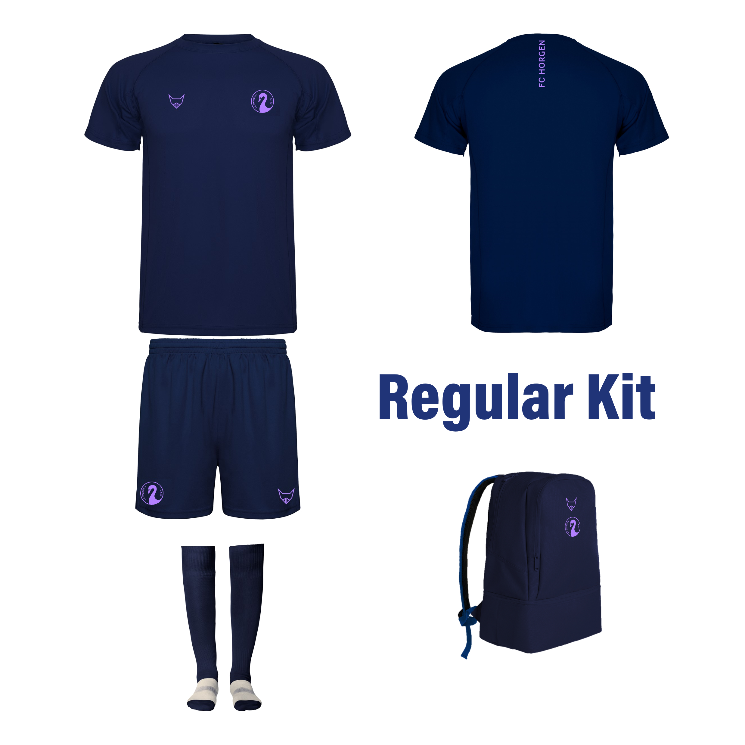 Dunkelblaues Sportbekleidungsset mit T-Shirt, Shorts, Socken und passendem Rucksack, regular Kit bezeichnet.