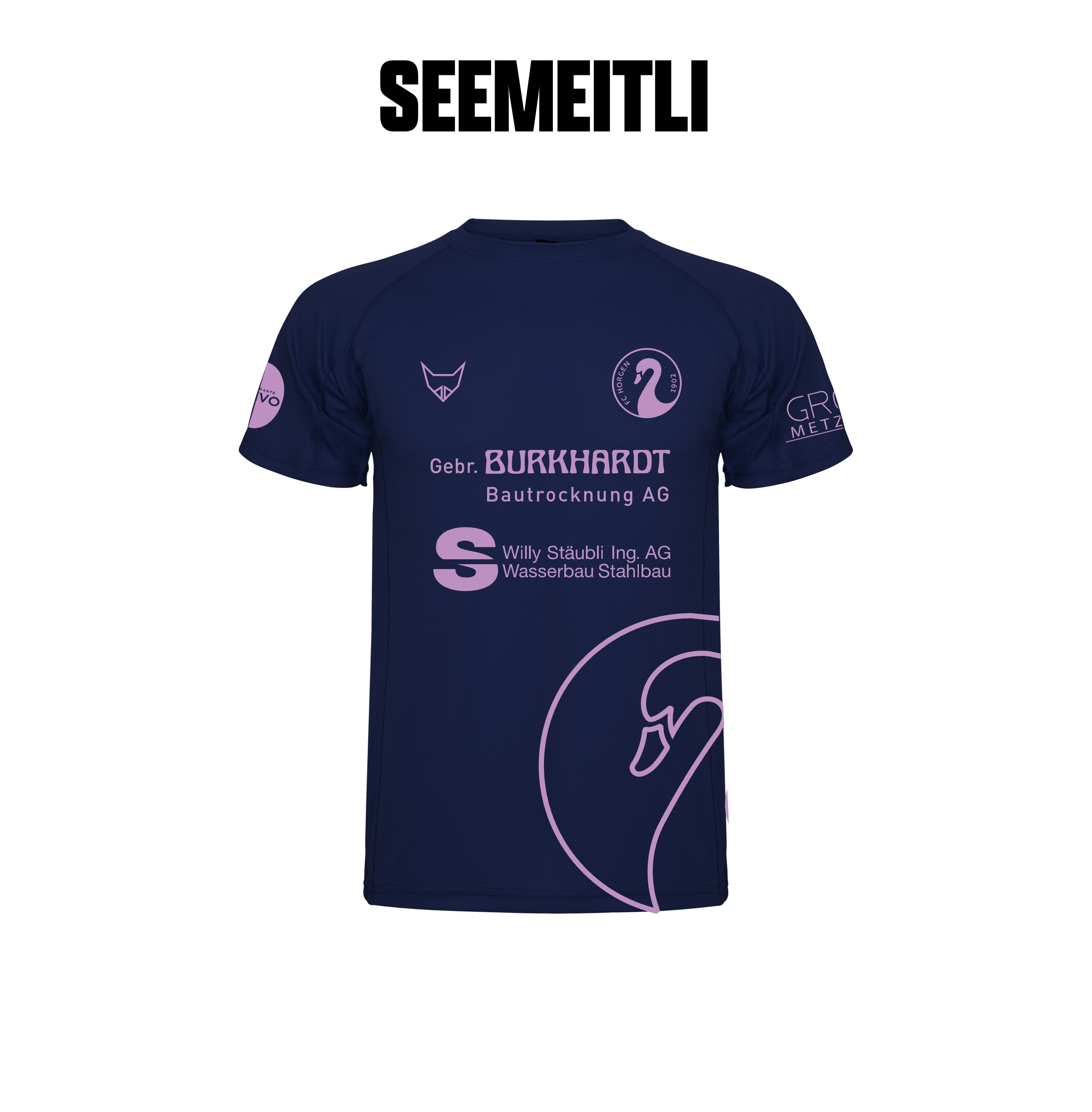 Navyblaues SEEMEITLI Sportshirt mit rosa Vereinslogo, Sponsorenaufdruck und großem Schwanenmotiv vorne