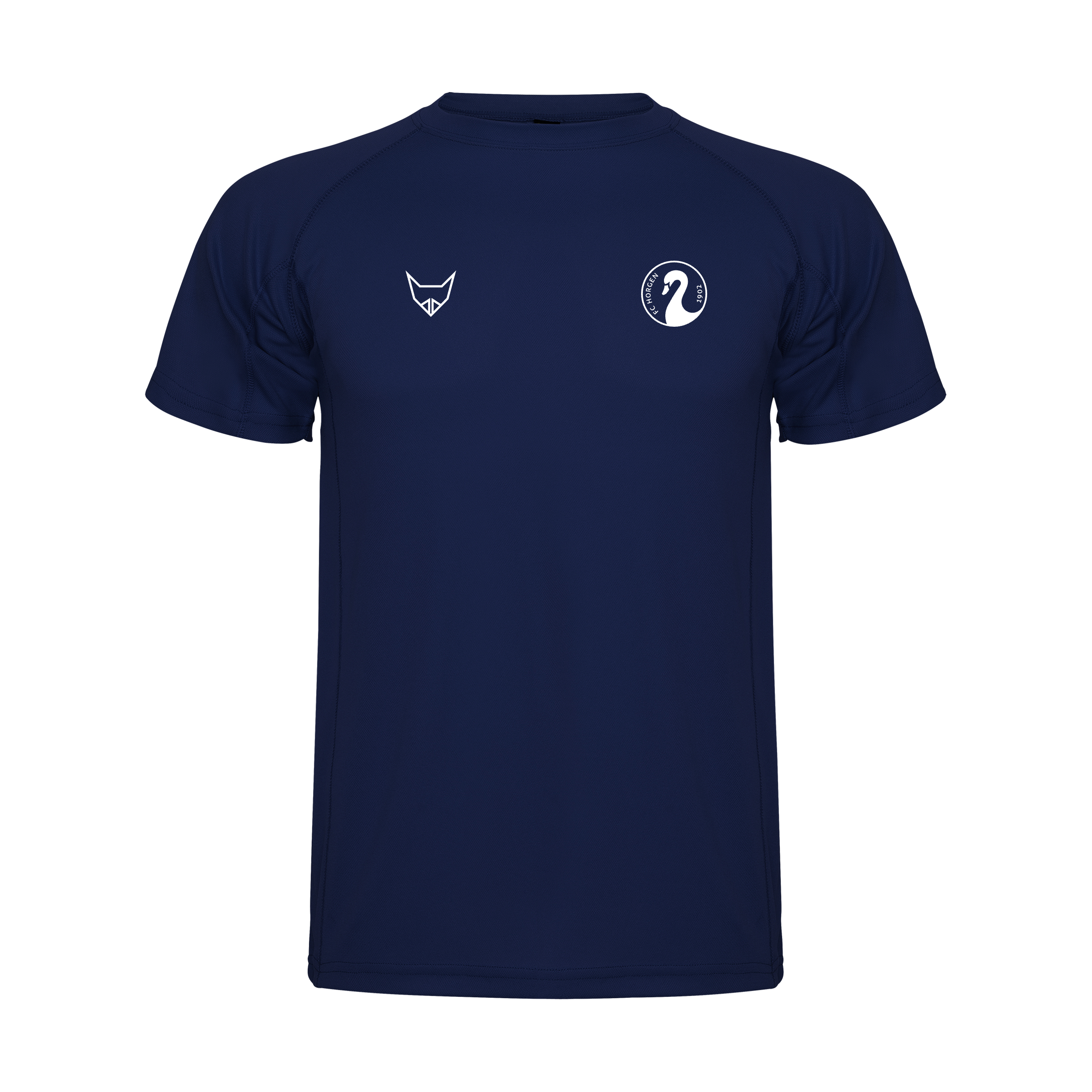 Blaues Funktions-T-Shirt mit zwei dezenten weißen Logos auf der Vorderseite