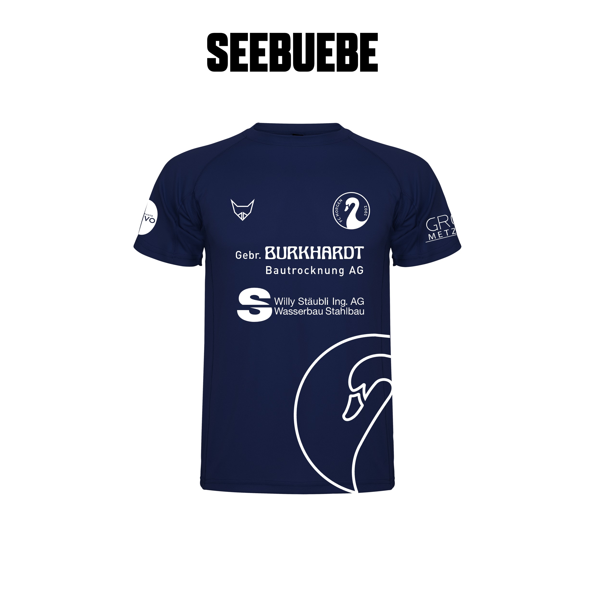 Navyblaues SEEBUEBE FC Horgen Trikot mit Sponsorendruck, Schwanenlogo auf der Brust und großem Schwanenmotiv am Saum