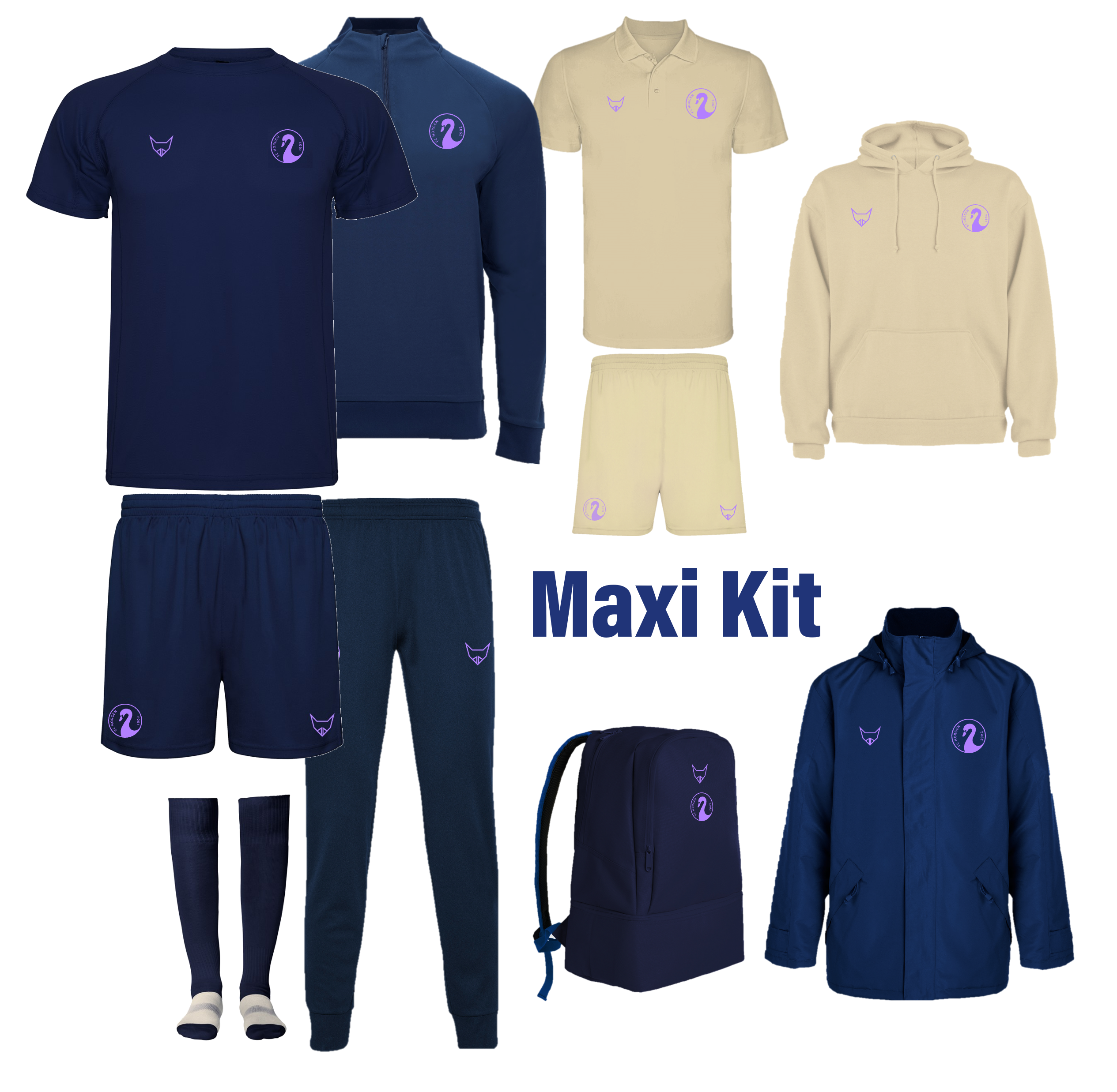 Bild des Maxi Kit Sportbekleidung-Sets mit T-Shirts, Hosen, Jacken, Sweatshirt und Rucksack in Blau und Beige