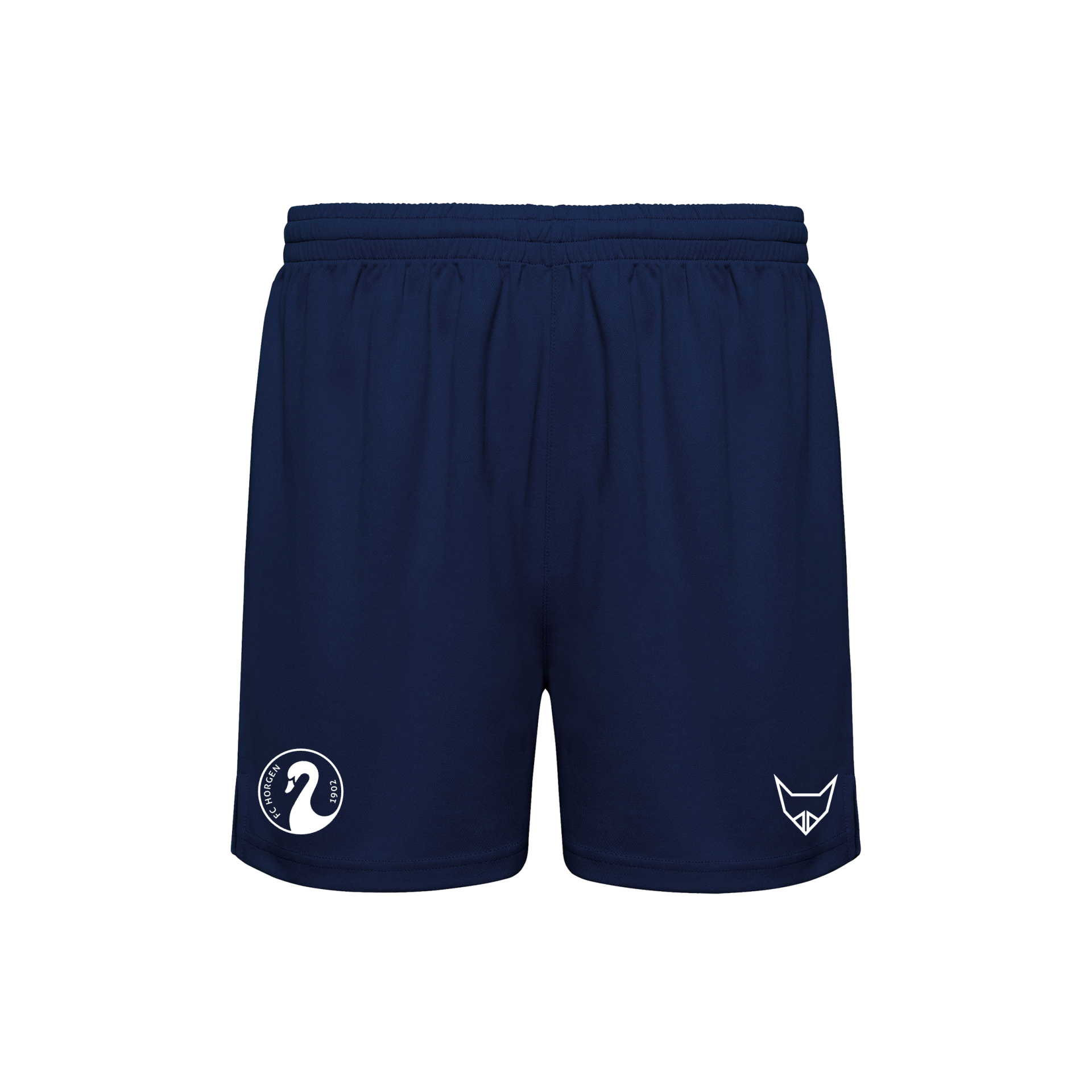 Dunkelblaue Sportshorts mit elastischem Bund und zwei weißen Logos auf der Vorderseite