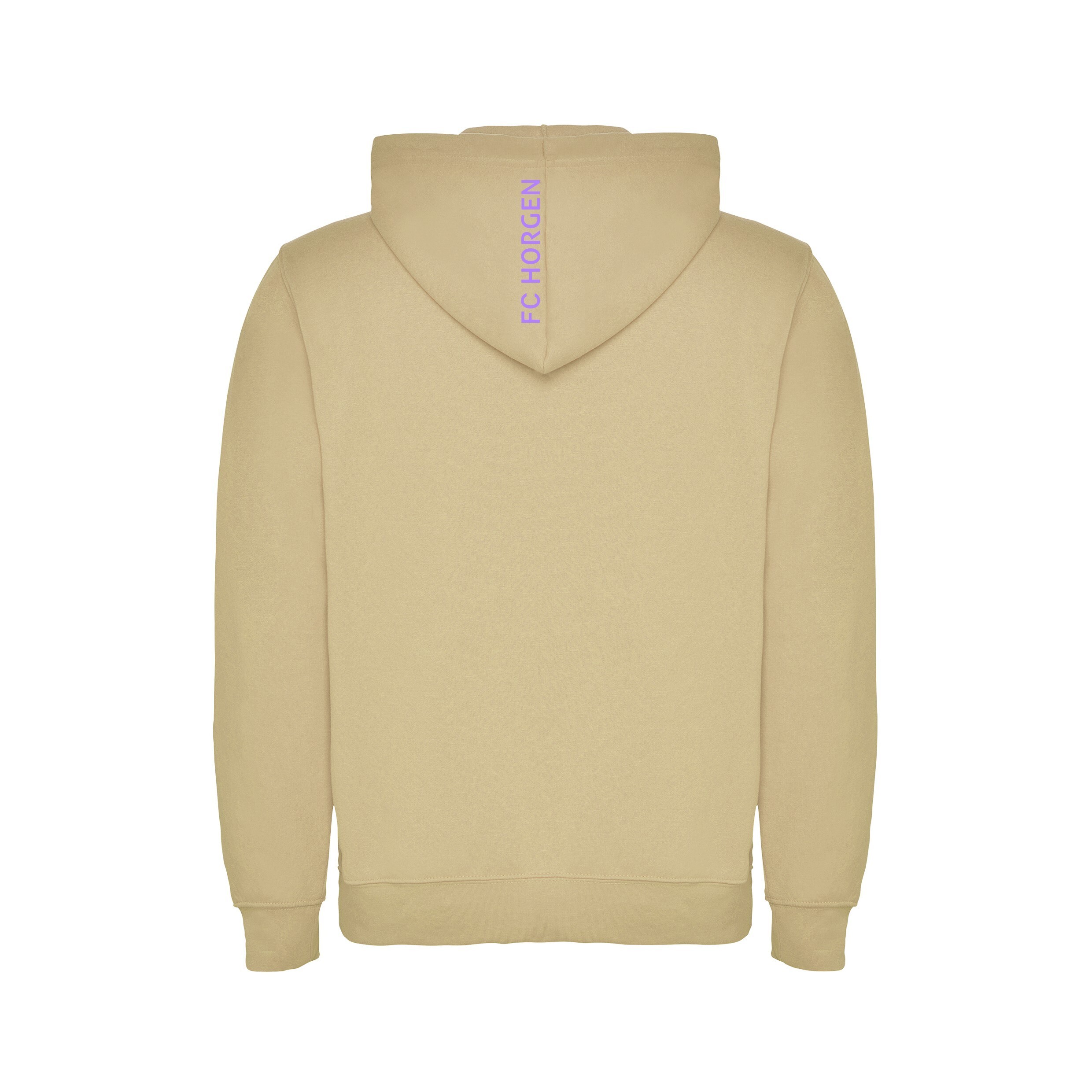 Rückansicht eines beigen Hoodies mit FC Horgen-Logo auf der Kapuze in Lila