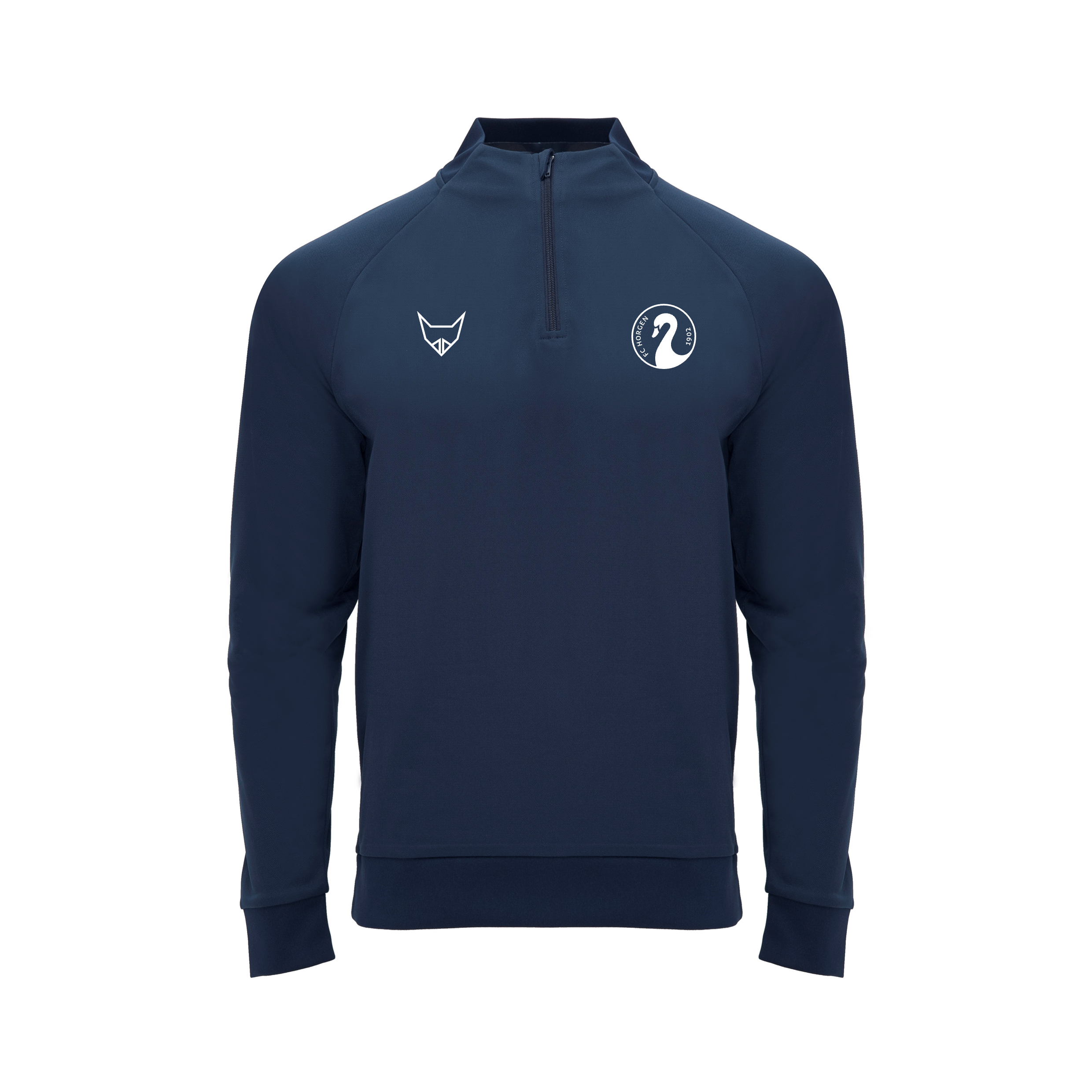 Dunkelblauer Pullover mit Stehkragen und weißen Logos auf der Vorderseite