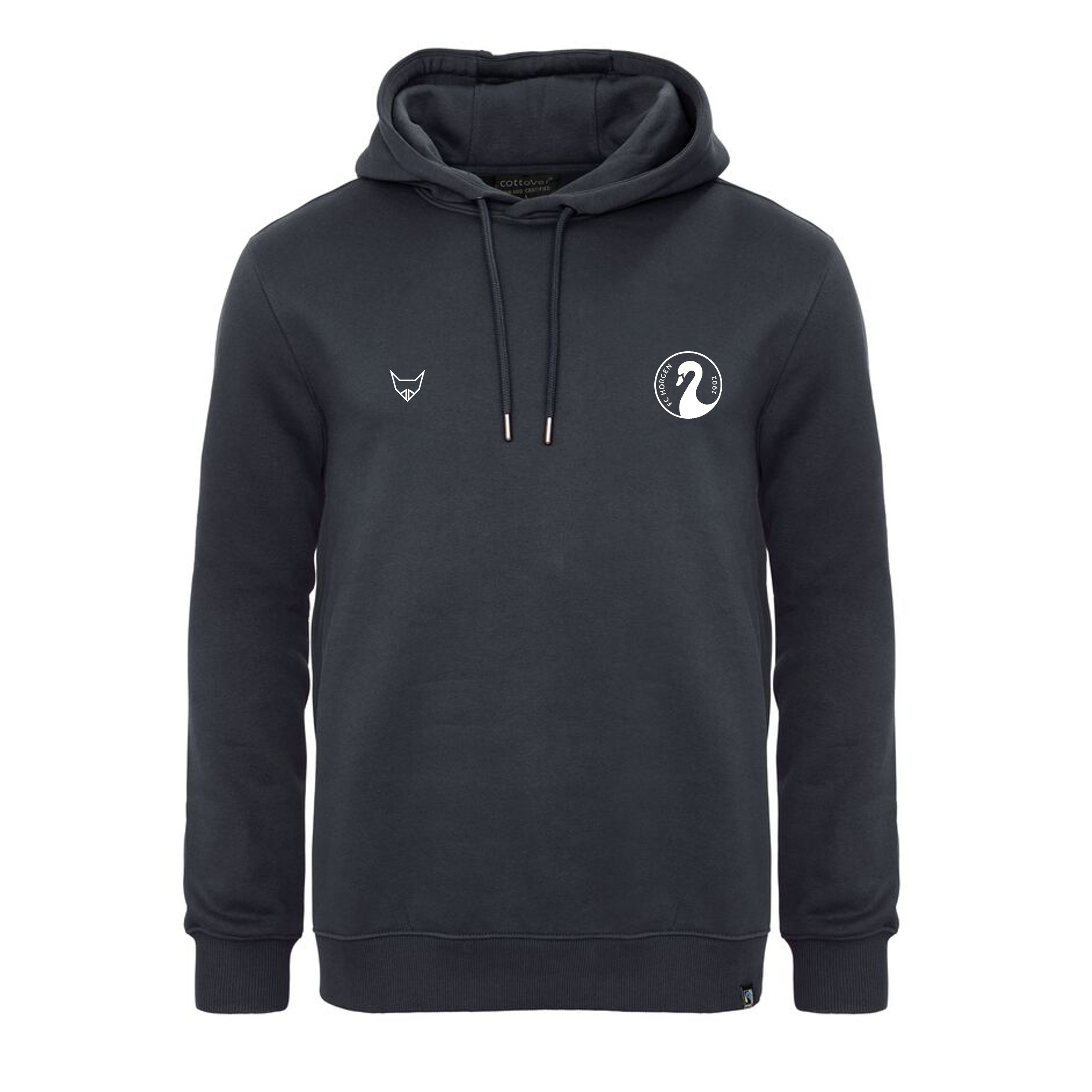 Schwarzer Hoodie mit Schwan-Logo uf de Brust