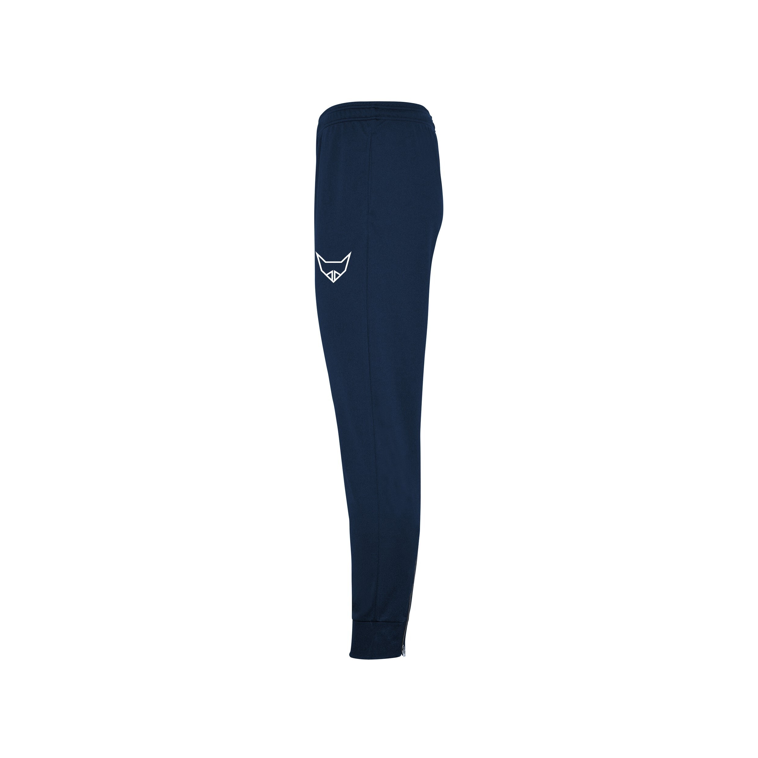Seitenansicht einer dunkelblauen Trainingshose mit einem weißen Logo auf dem Oberschenkel.