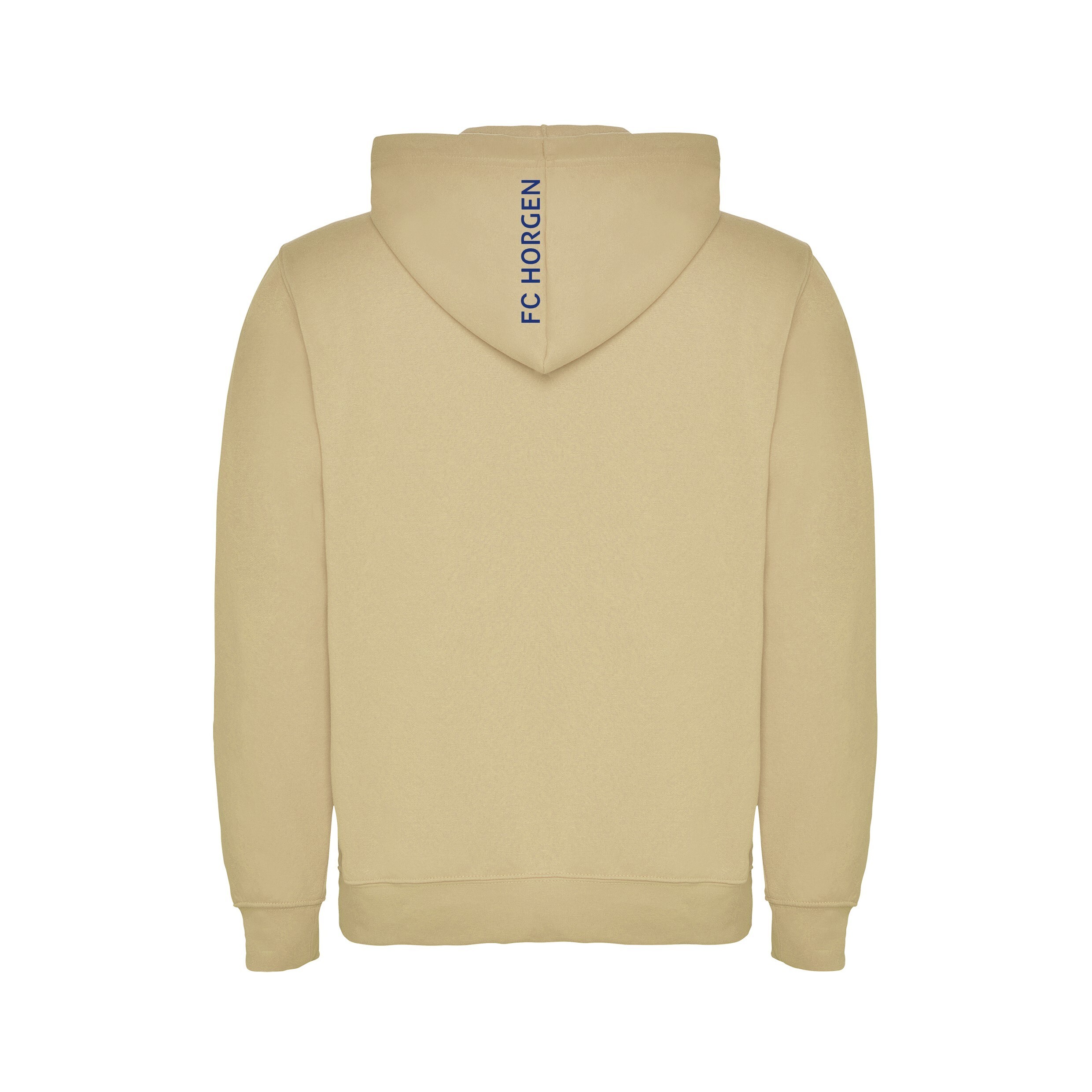Rückansicht eines beigen Hoodies mit der Aufschrift FC HORGEN auf der Kapuze